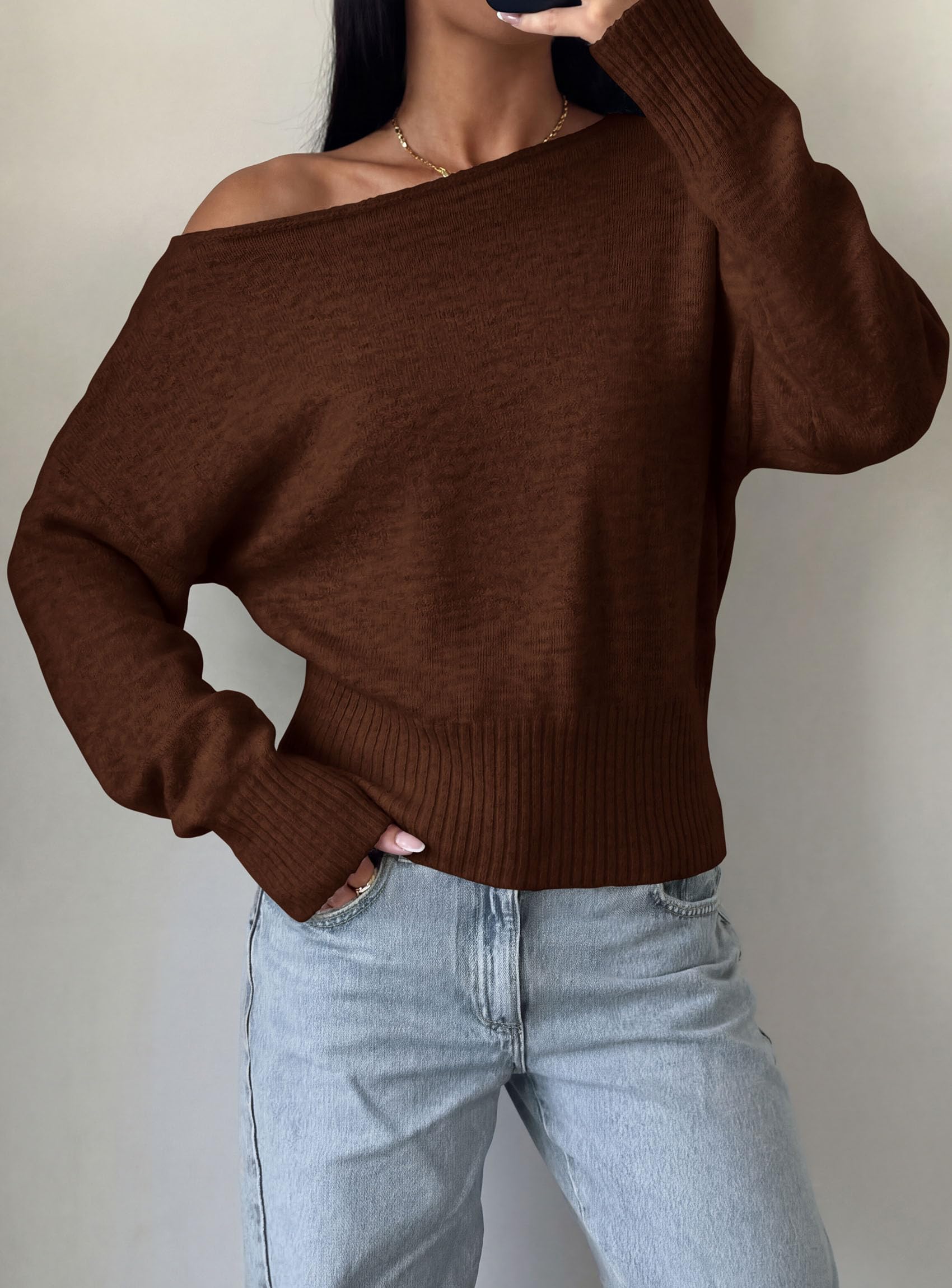 Womens Off The Shoulder Sweater Fall Fashion,Brown,S