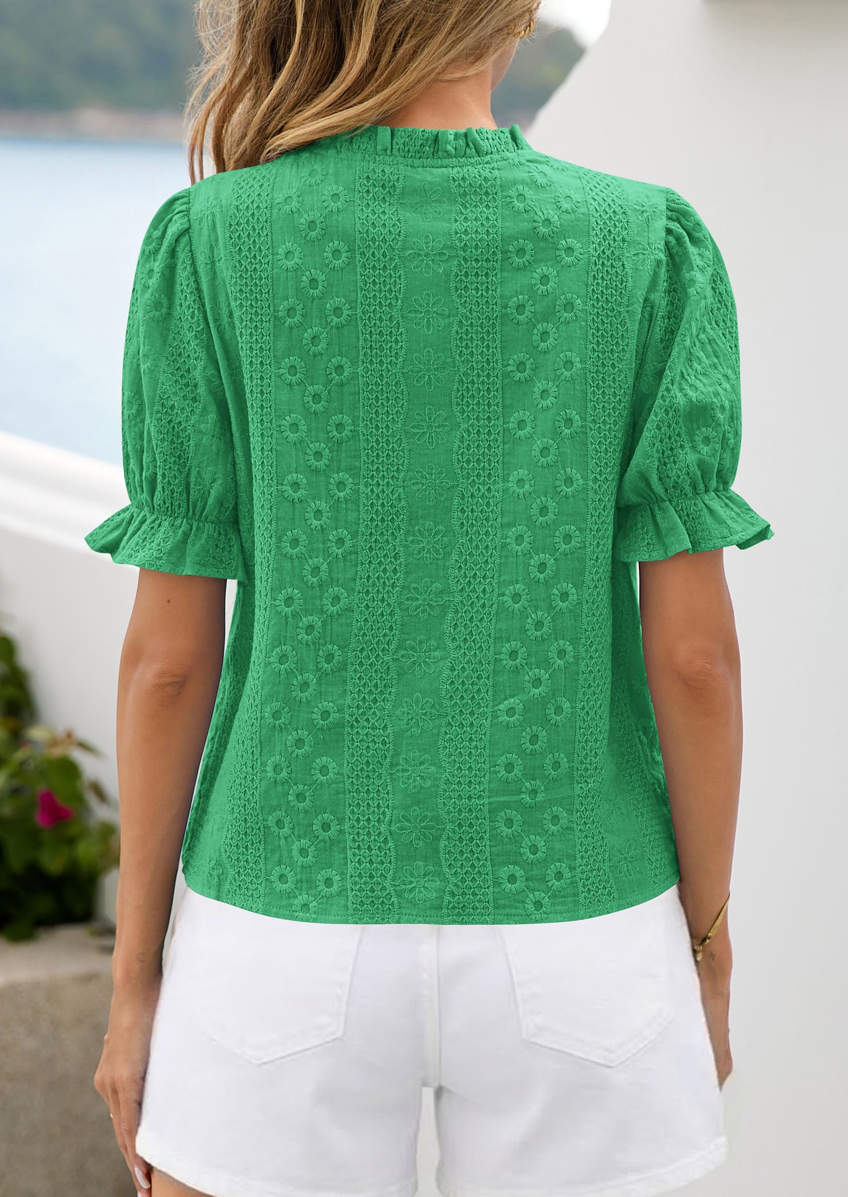 Womens Embroidered Puff Short Sleeve Tops,Green,S
