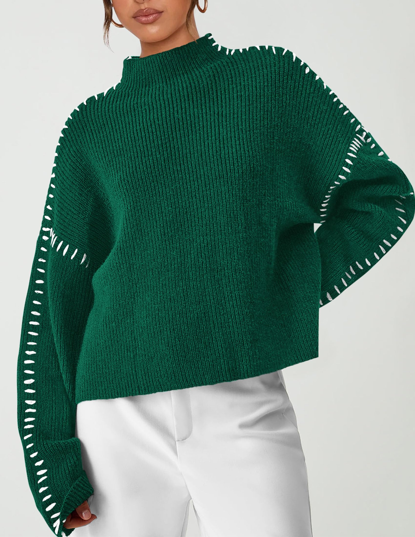 Womens Chunky Knit Oversized Pullover Sweaters,Dark Green,S
