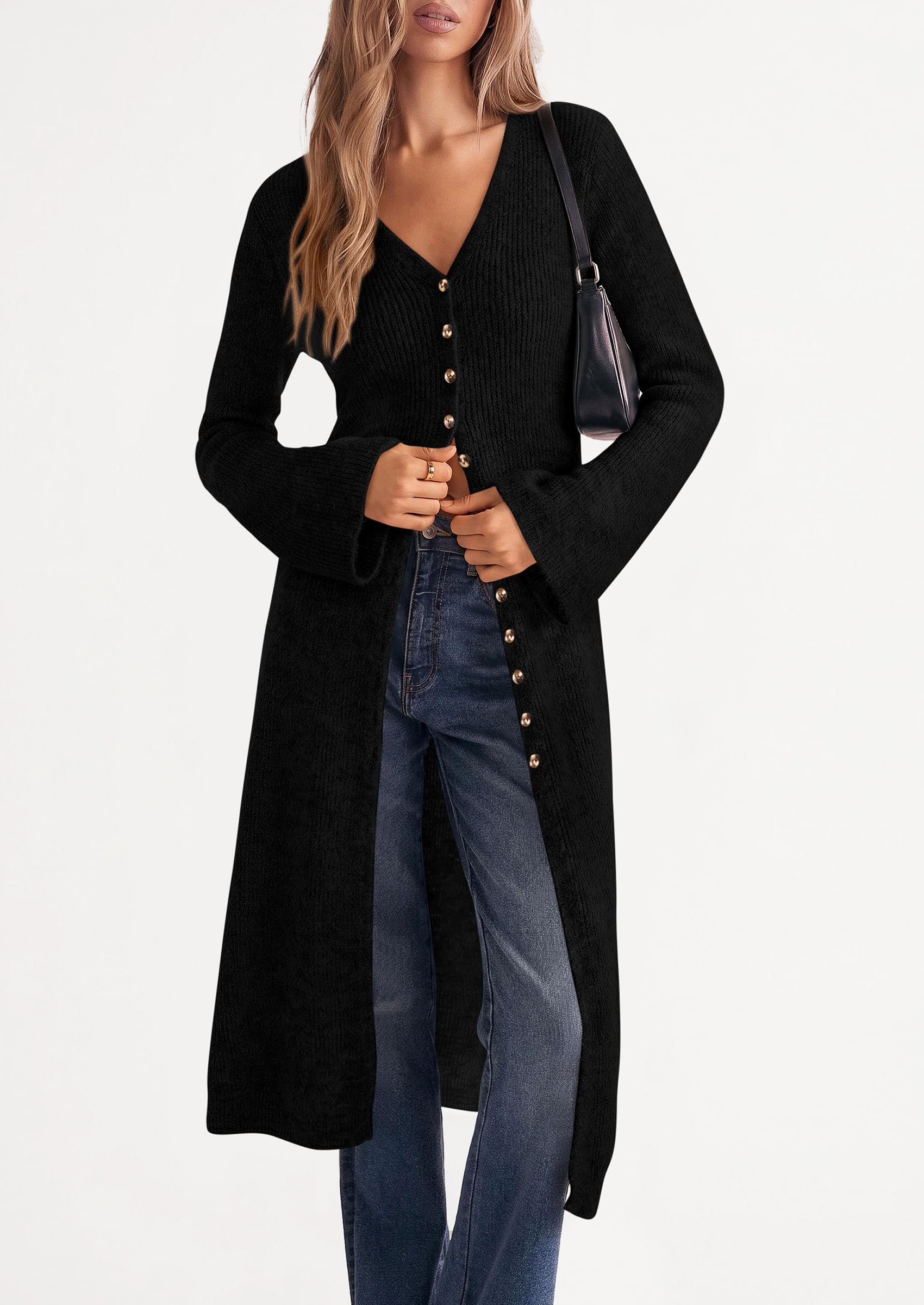 Women Long Cardigan Bell Sleeve Sweater Dress (Black,S)