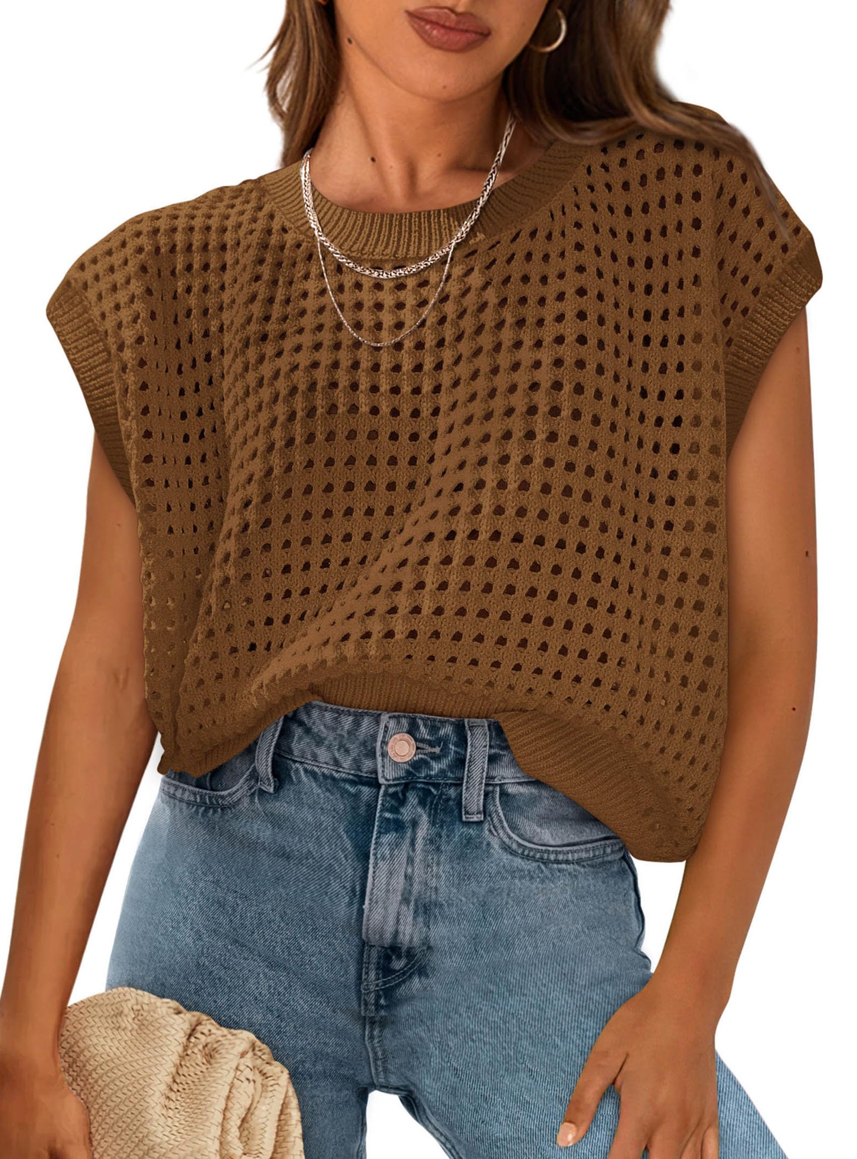 Women's Summer Crochet Cap Sleeve Sweater Tops,Brown,M