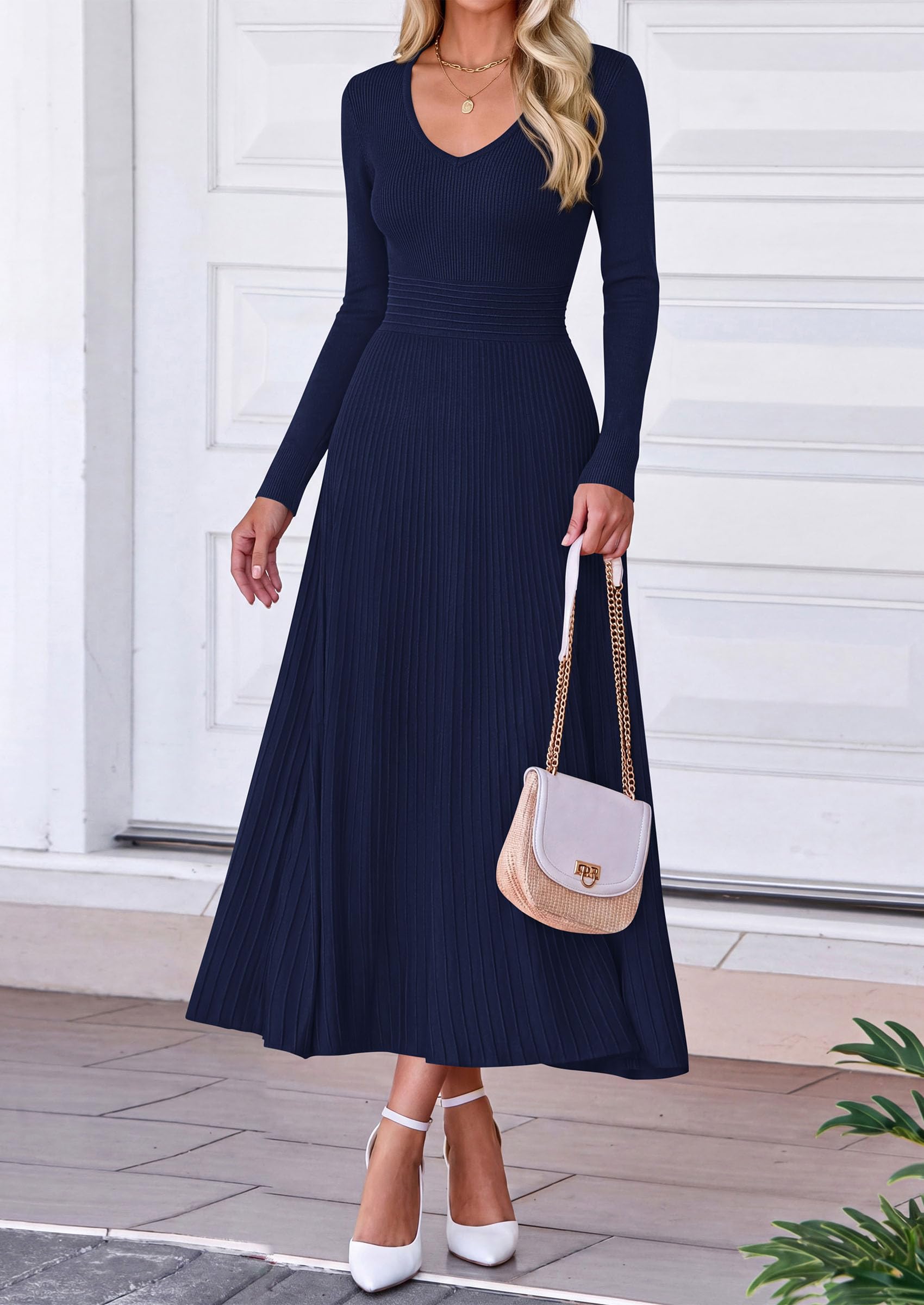 Women's Fall V Neck Pleated Midi Sweater Dress,Navy Blue,S