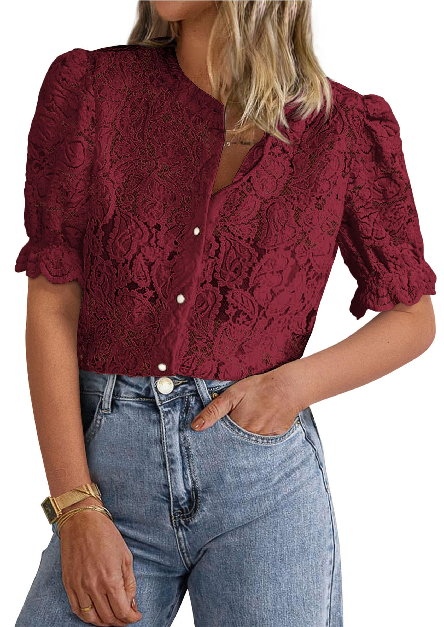 Womens Lace Tops Button Down Short Sleeve Shirts,Wine Red,S