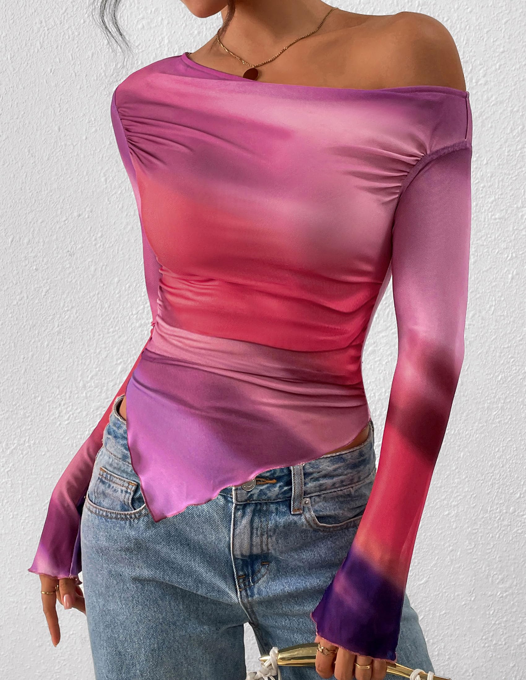 Womens Off Shoulder Mesh Y2k Tops,Multicolour Print,XS