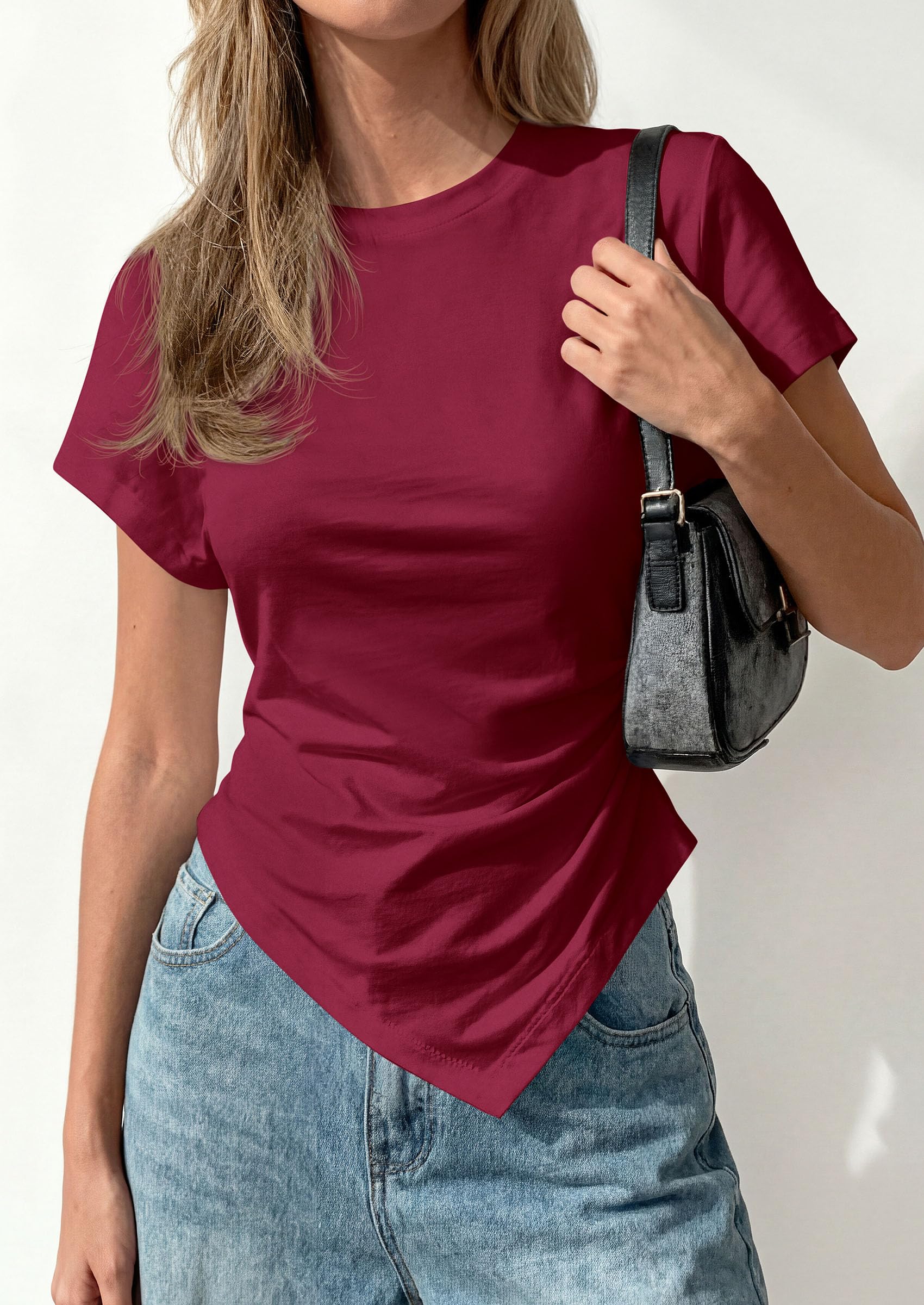 Womens Asymmetrical Summer Short Sleeve Tops,Wine Red,XS