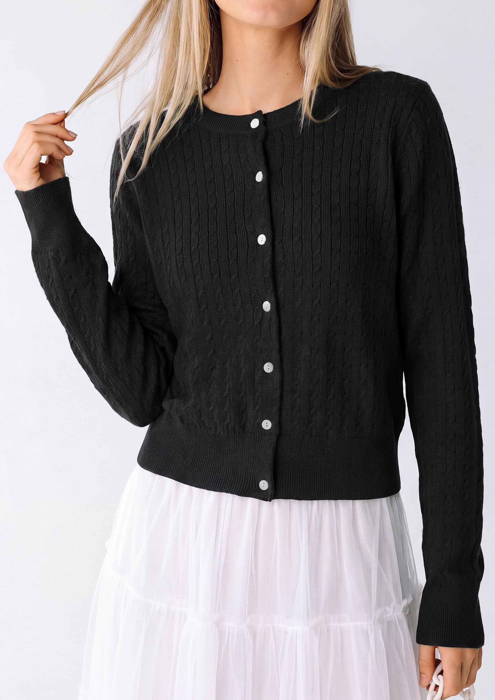 Women Fall Lightweight Cardigans Button Up Cable Knit Sweaters