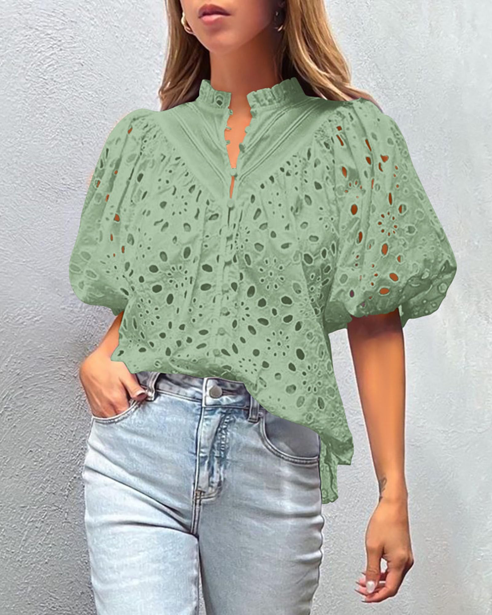 Womens Tops Boho Eyelet Puff Sleeve Blouse, Sage Green,S
