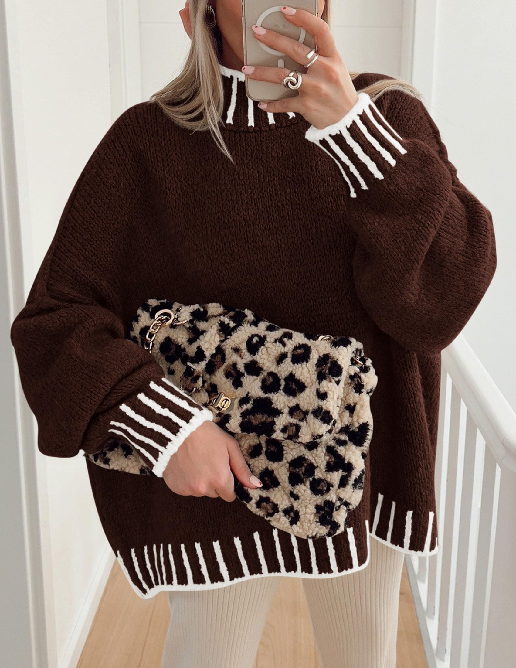 Women's Mock Neck Oversized Pullover Sweaters,Brown,XS
