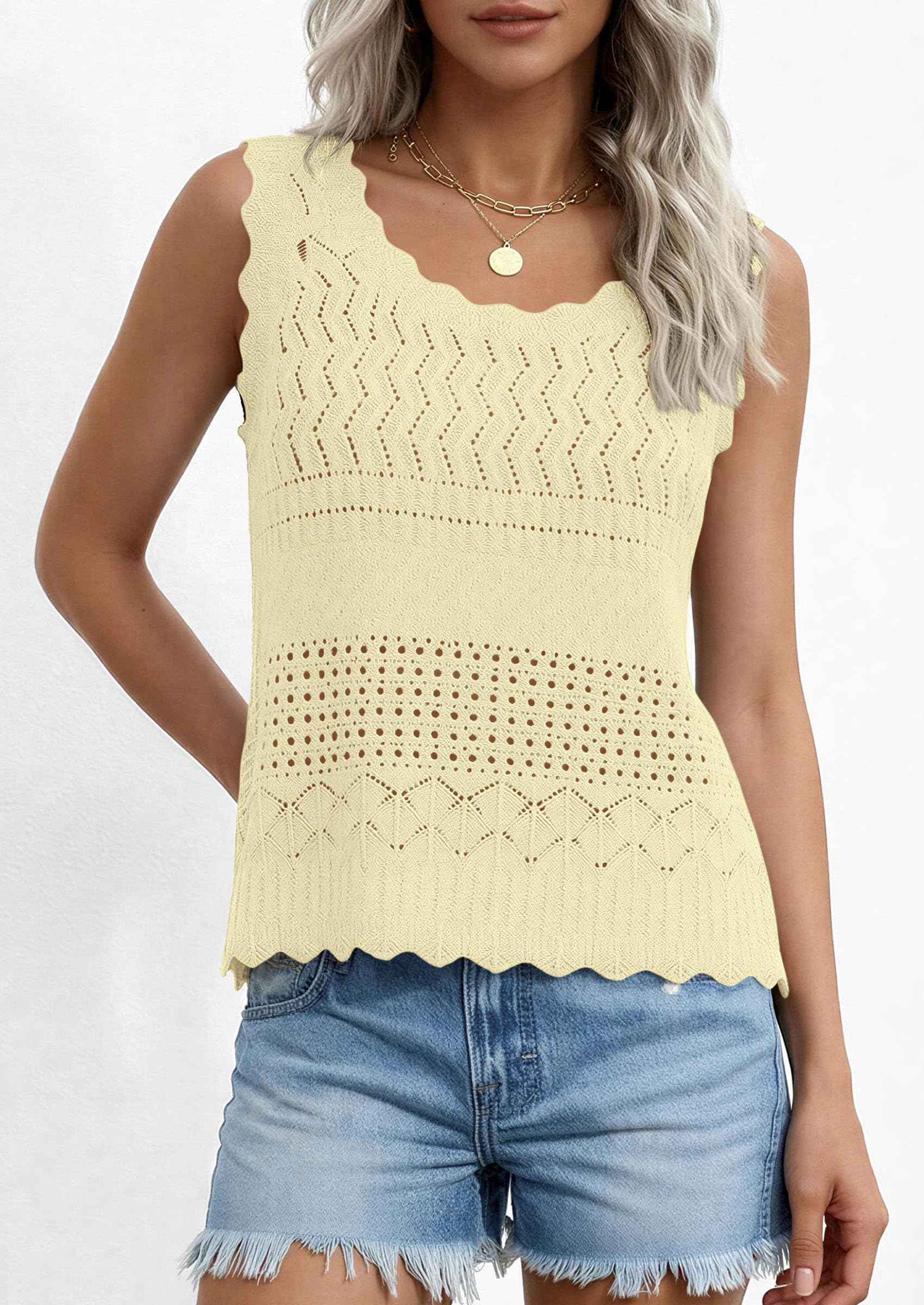 Womens Crochet Tank Tops Knit Sleeveless Vest,Yellow,S