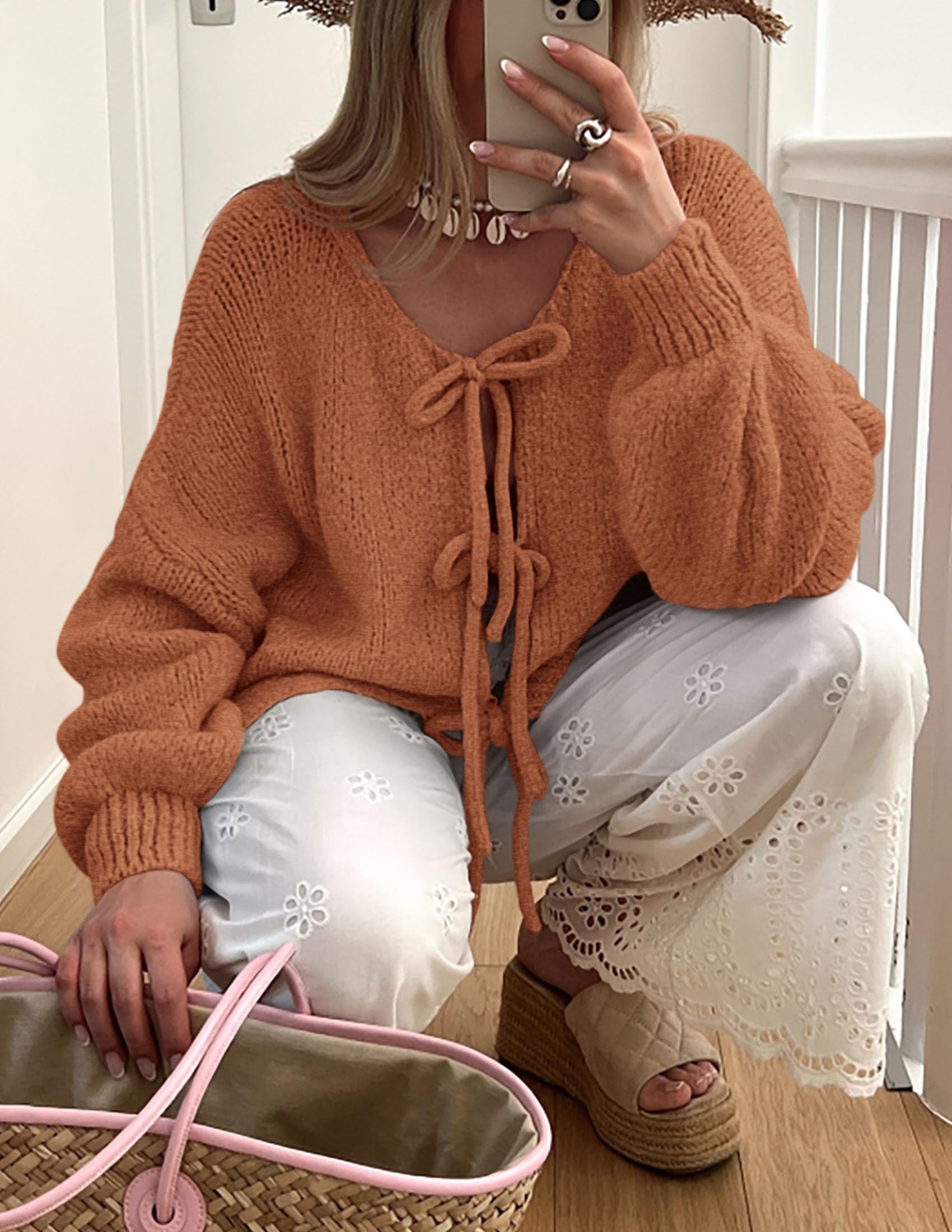 Women's Tie Front Bow Cardigan Sweaters(Brick Red,Small)