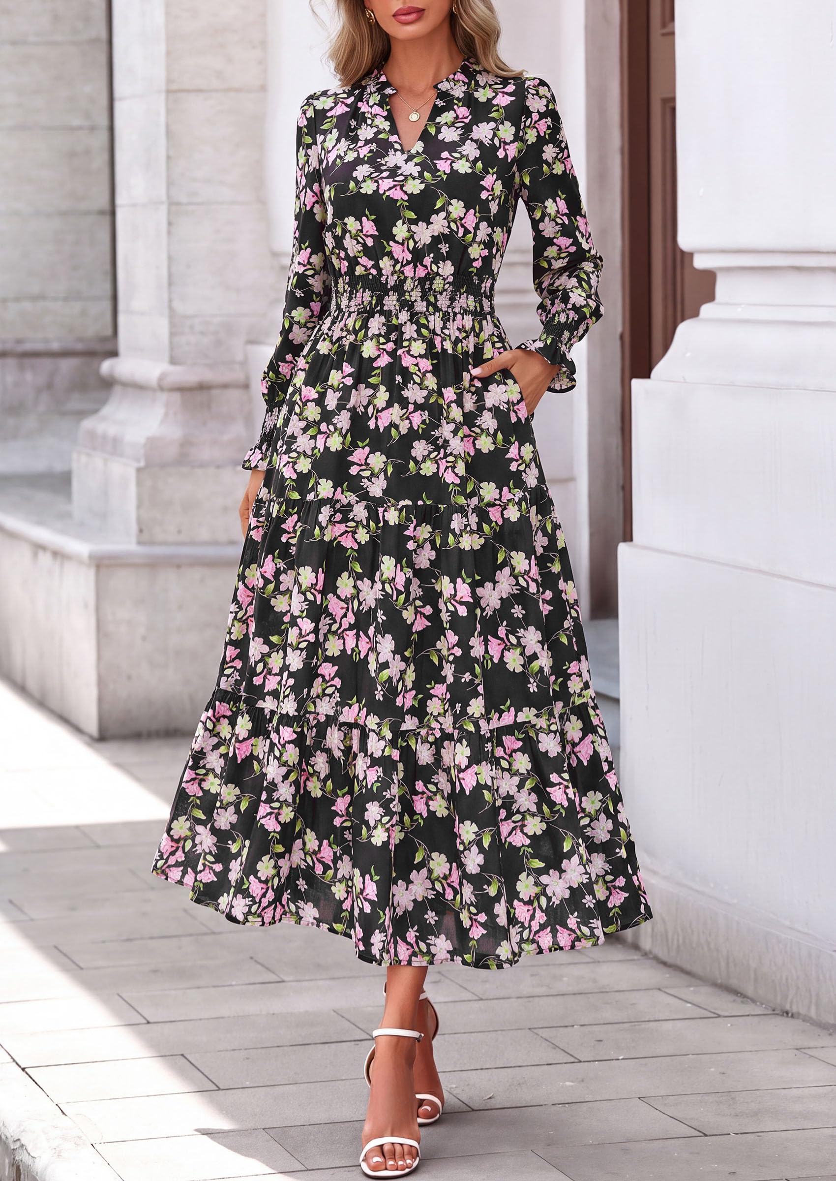 Women's Floral Maxi Dress Fall A Line Wedding Guest Dresses