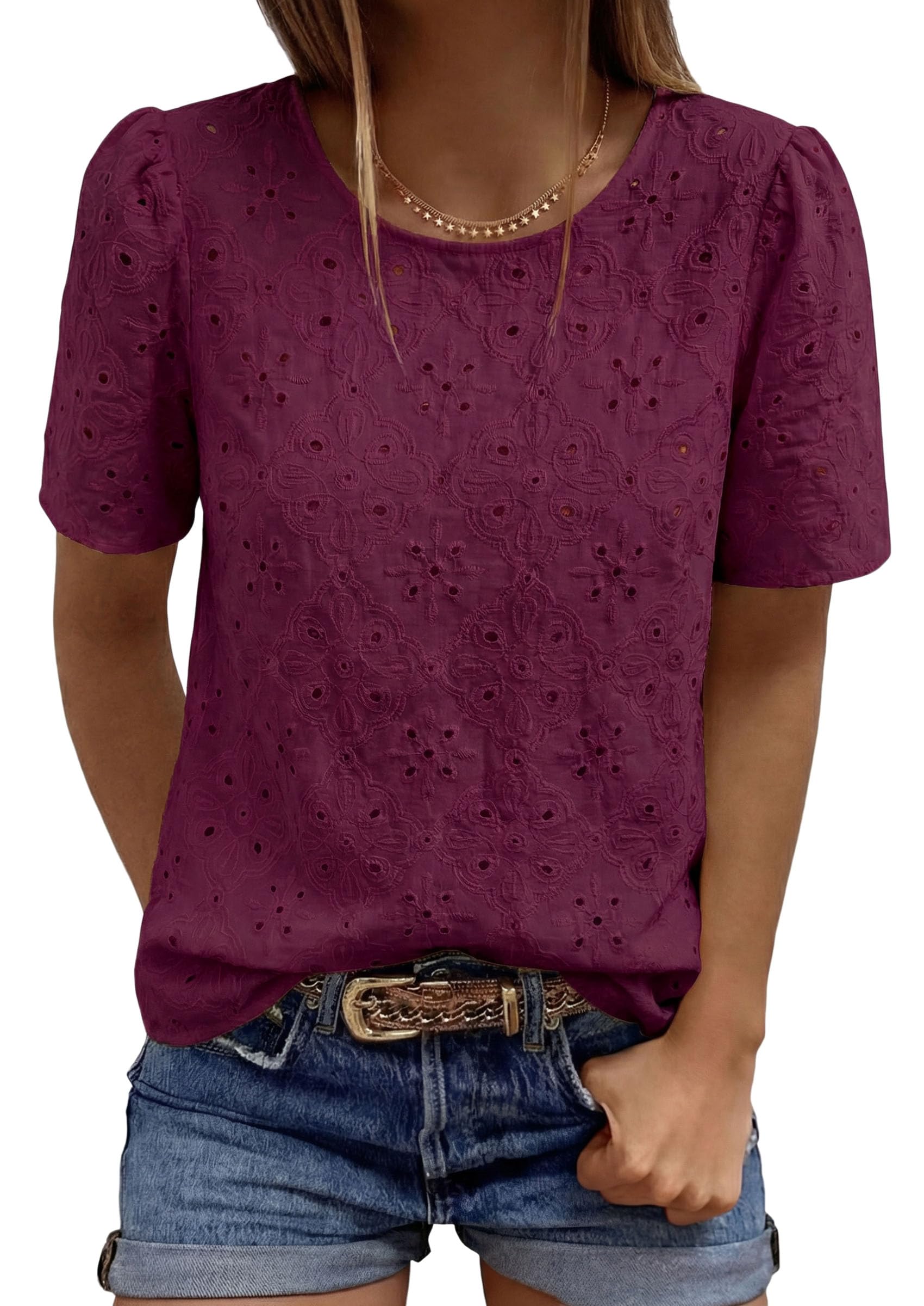 Women's Embroidered Eyelet Short Sleeve Blouse, Burgundy,XS