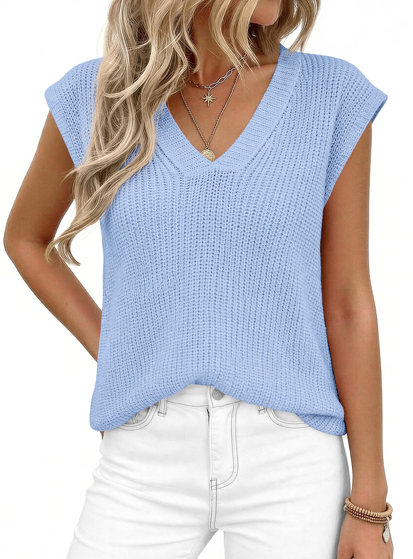 Women's Cap Sleeve Sweaters Vest Summer Tops (Light Blue,S)