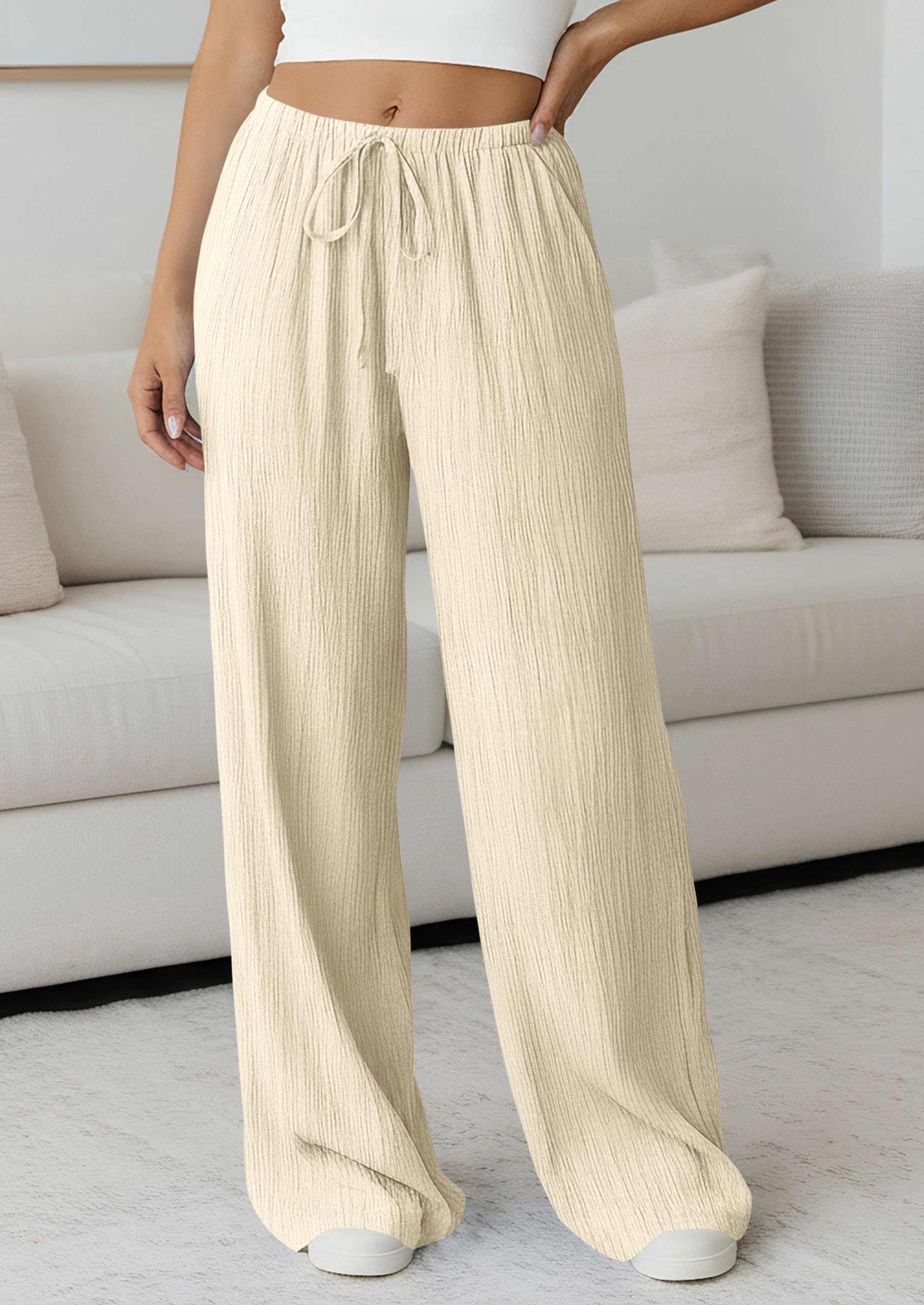 Women's Palazzo Pants Casual Wide Leg Trousers,Beige,S