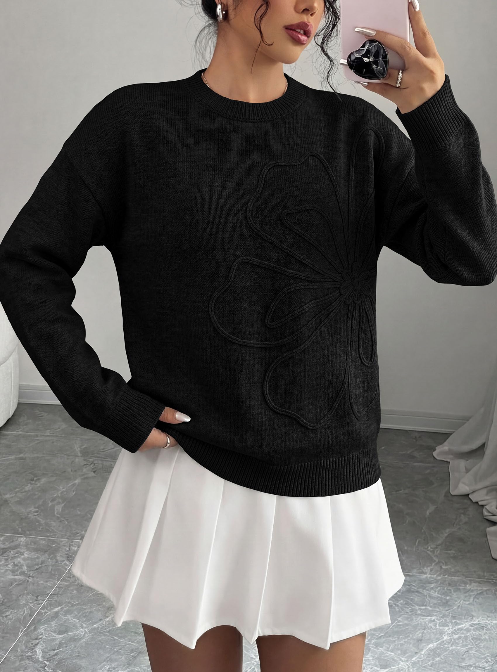 Sweaters for Women Fall Fashion Embroidered Floral Knit Tops