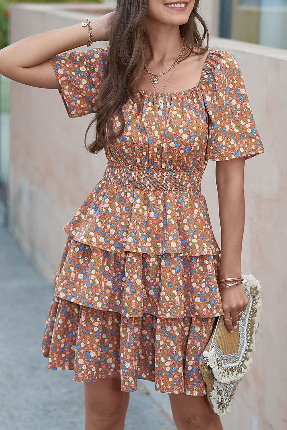 Women's 2025 Floral Summer Short Dress Square Neck Short Sleeve Tiered Ruffle Boho Swing Dresses (Turmeric,Small)