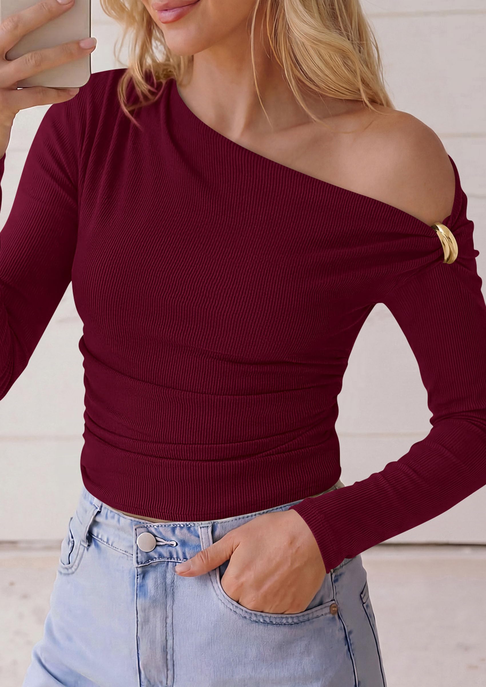 Womens Off The Shoulder Asymmetrical Tops Long Sleeve Shirts