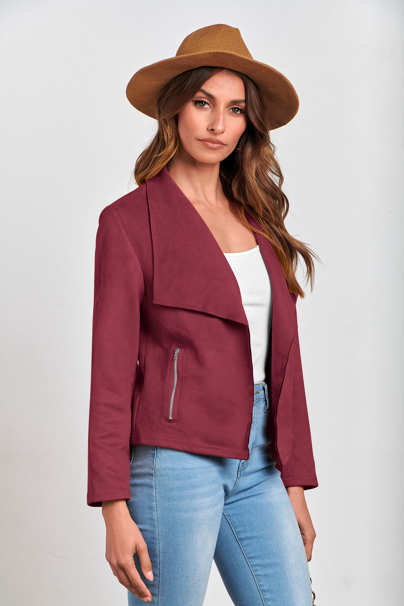 Women's Fall Fashion Faux Suede Jackets(Wine Red,Small)