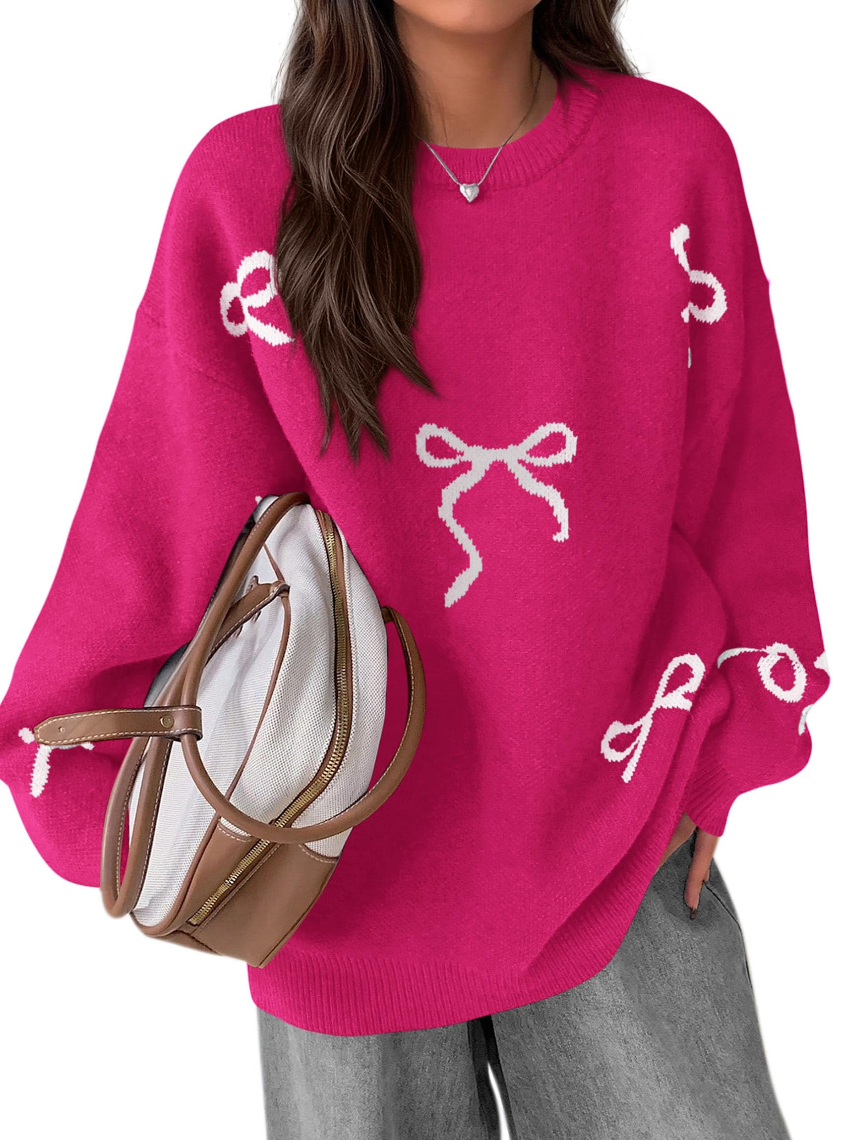 Fall Long Sleeve Pullover Sweaters for Women 2026 Trendy Crewneck Casual Cute Bow Chunky Knit Oversized Sweater (Rose Red,Small)