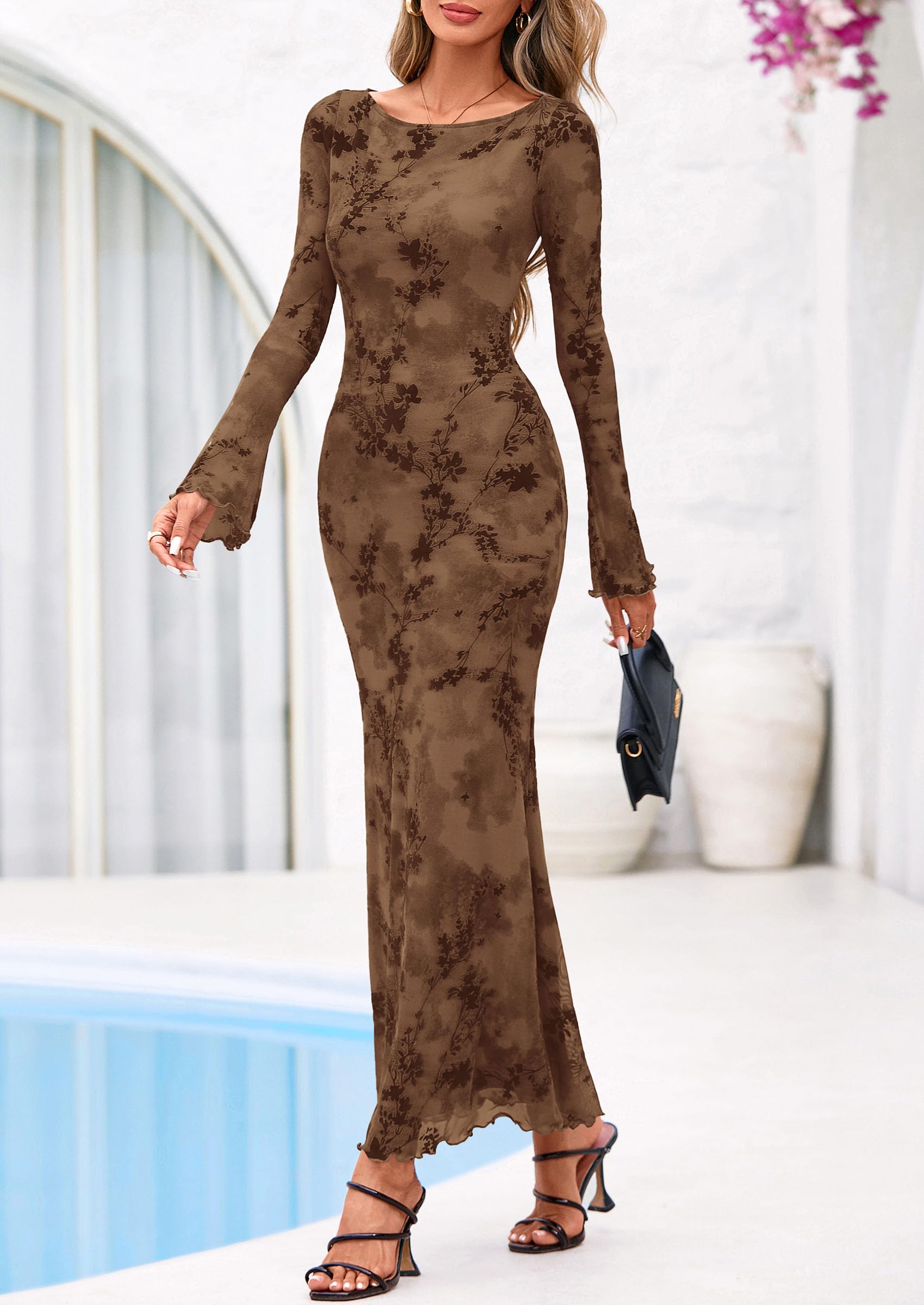 Women's Floral Bodycon Maxi Dress Wedding Guest Dresses