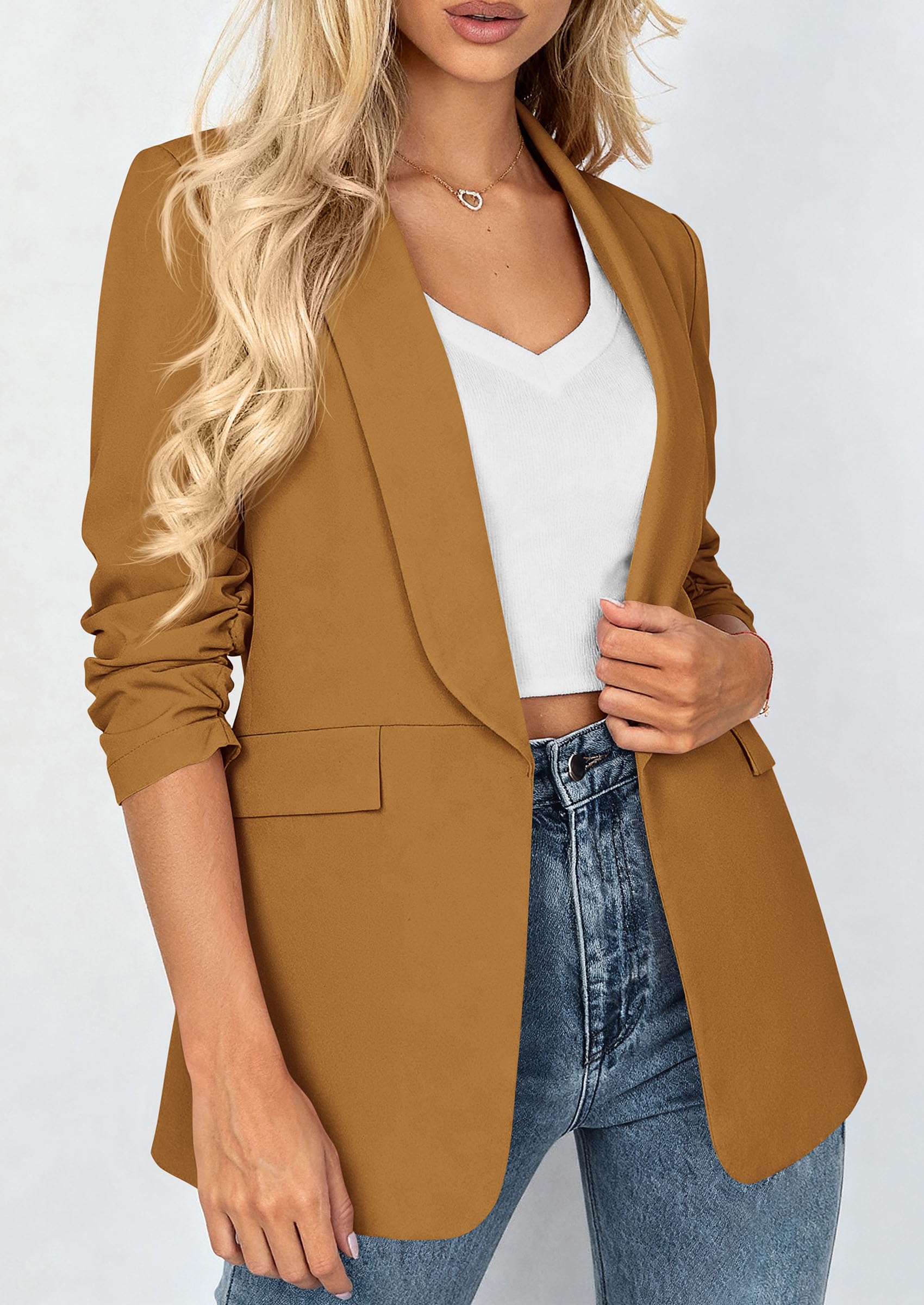 Women's Summer Blazers Business Casual Outfits Brown Yellow,XS