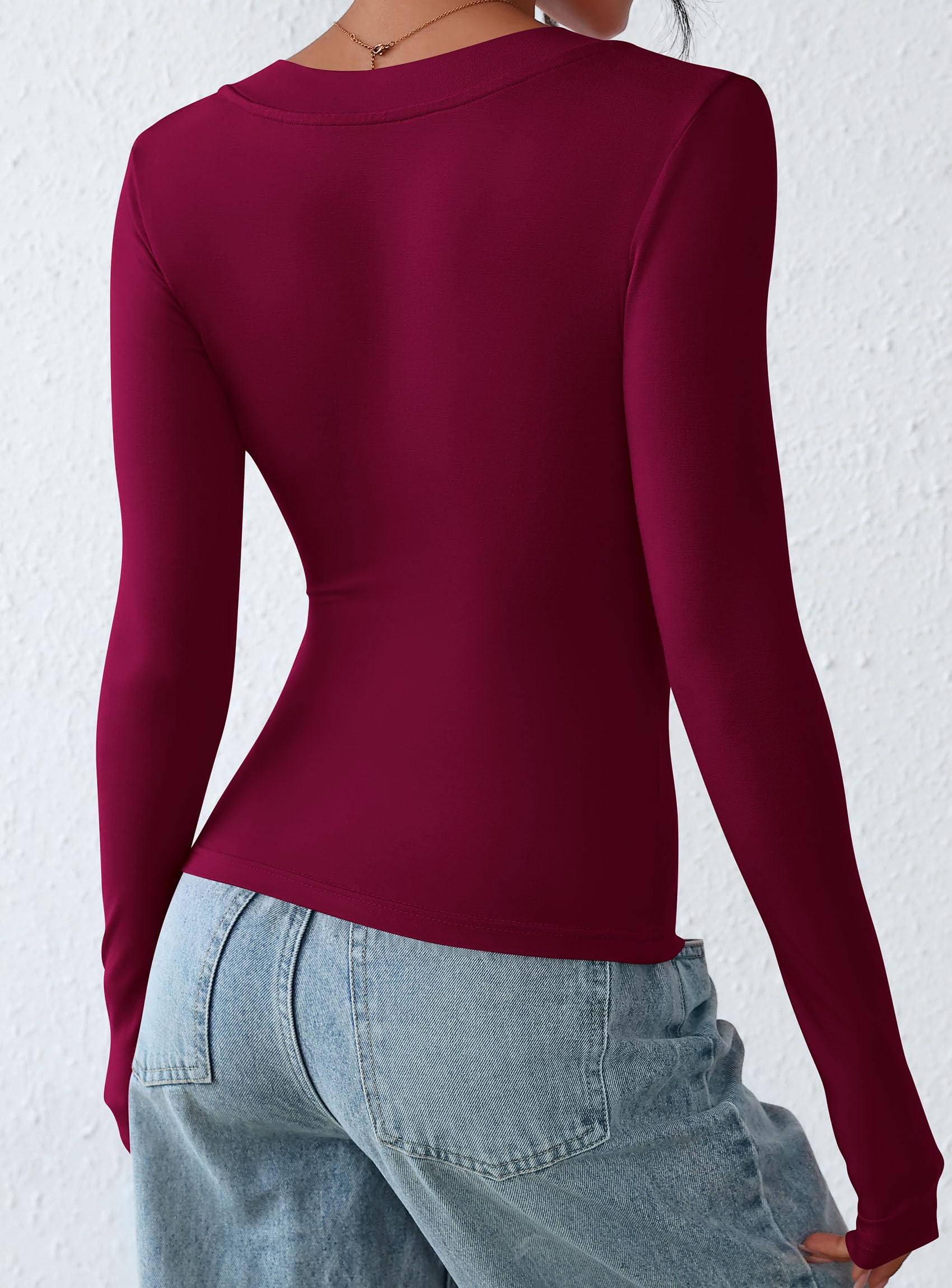 Women's V Neck Long Sleeve Shirts,Burgundy,X-S