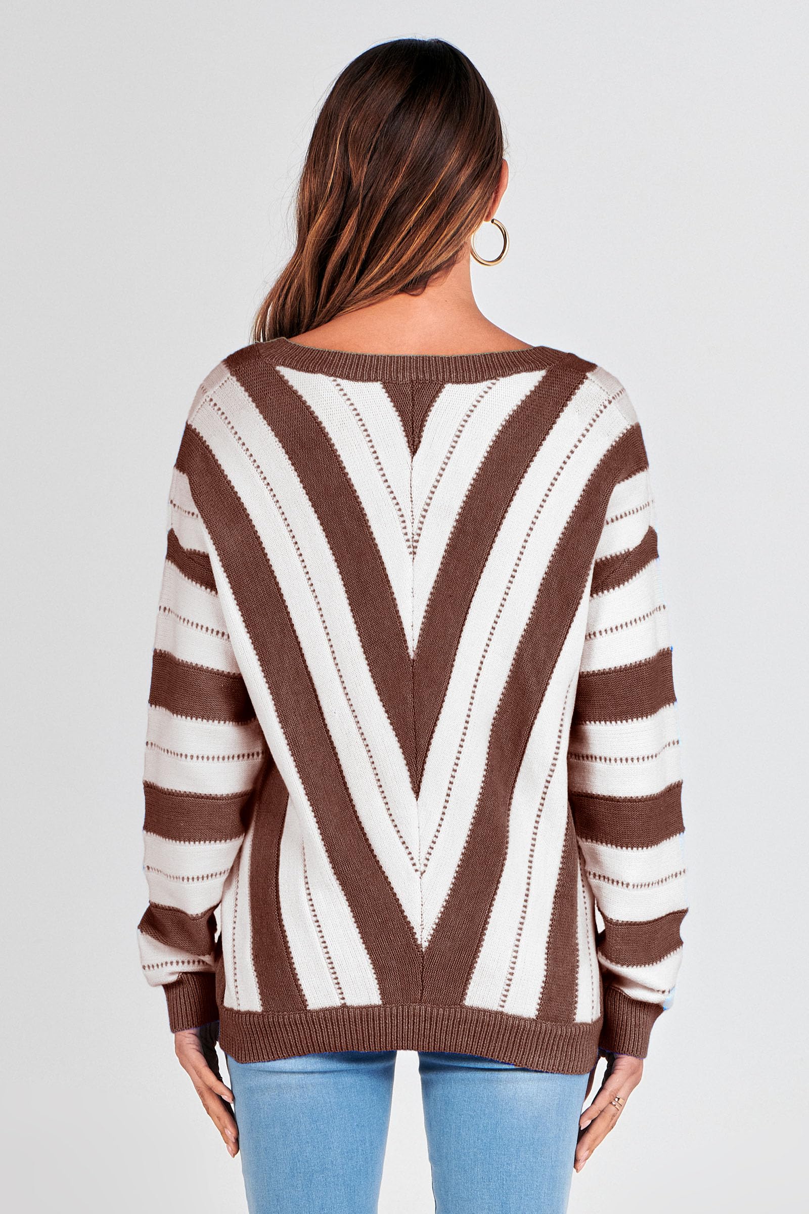 Women's V Neck Striped Knit Pullover Sweater