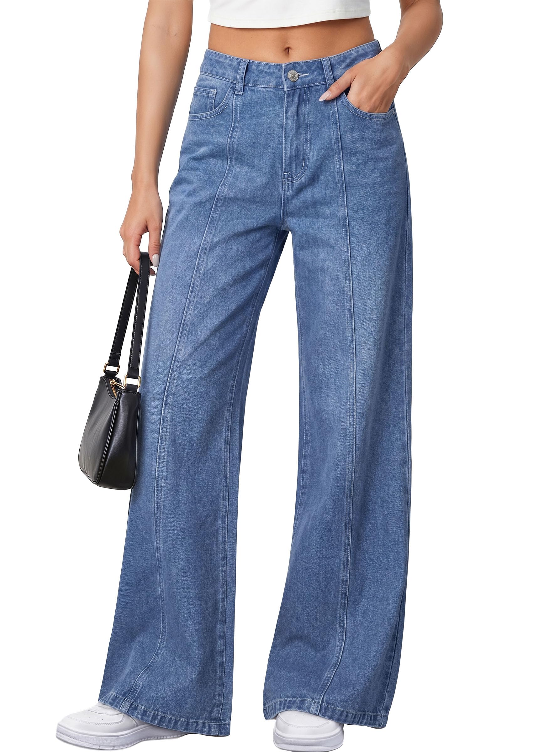 Women's Wide Leg Jeans Stretchy Baggy Denim Pants,Sky Blue,14