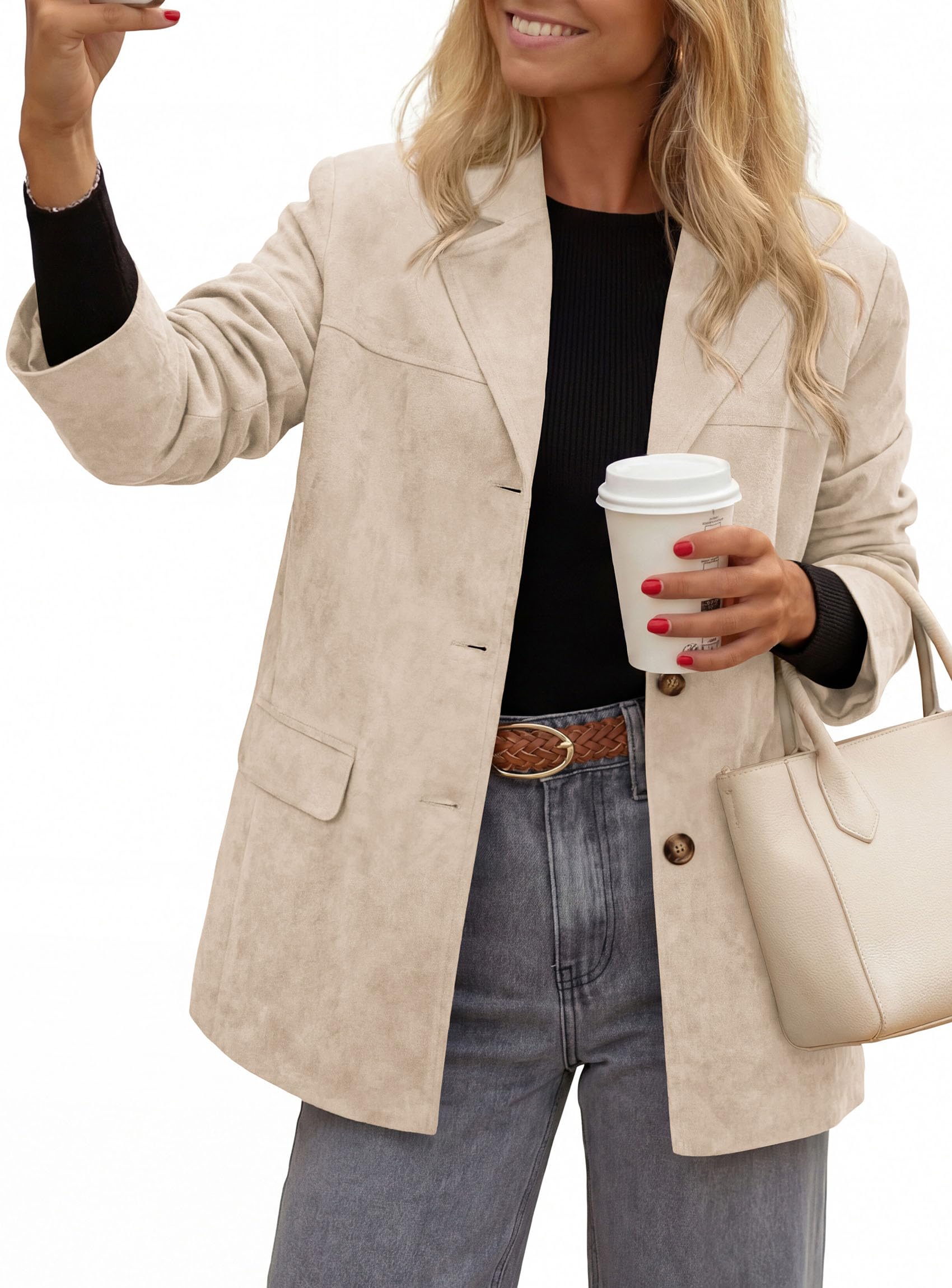 Blazers for Women Western Fall Faux Suede Jacket Beige