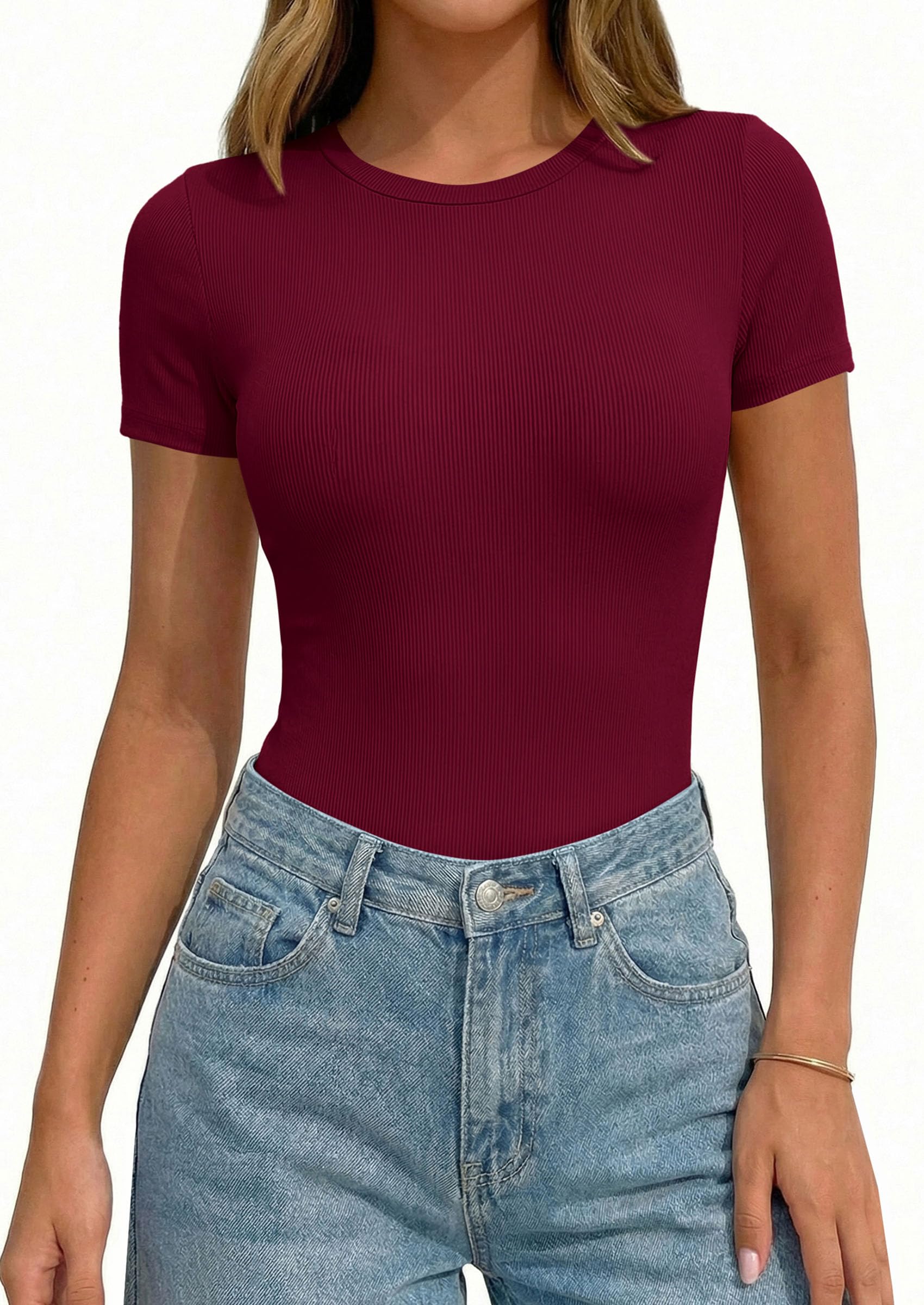 Body Suits for Womens Short Sleeve Summer Tops, Burgundy,S