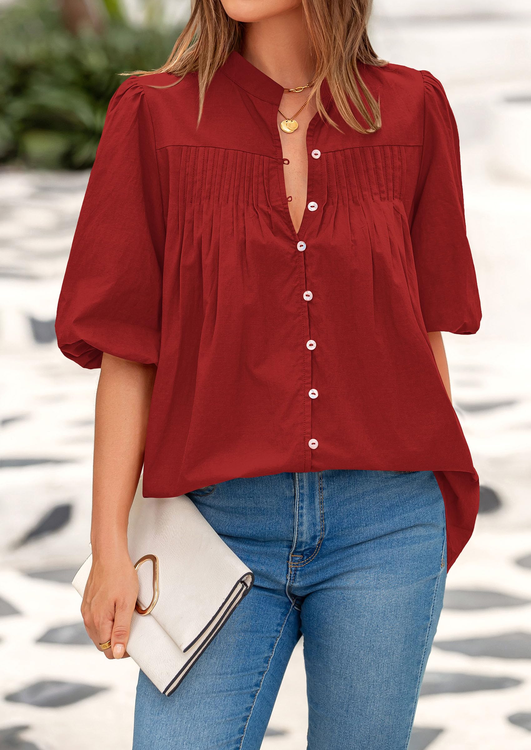 Short Sleeve Henley Shirts for Women,Red,S