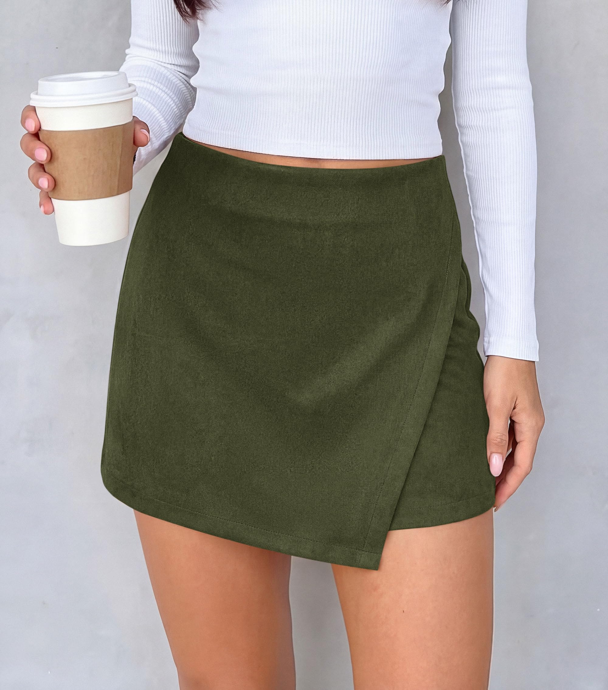 Womens High Waisted Mini Skirts Fall Faux Suede Wrap Skort