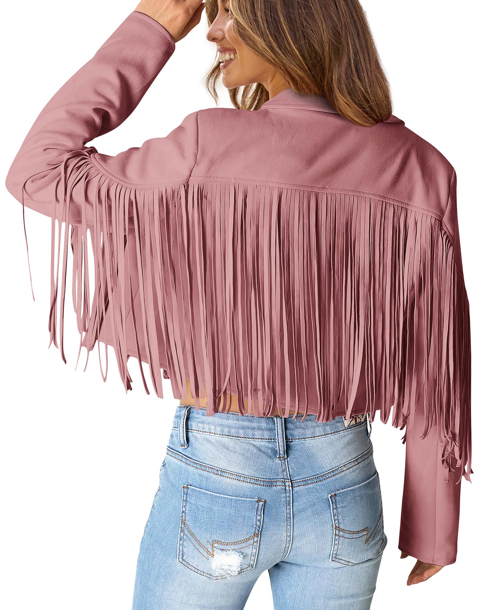 Women's Fringe Faux Suede Leather Jackets Fall Fashion 2025 Tassel Motorcycle Cropped Coats (Dark Pink,Small)