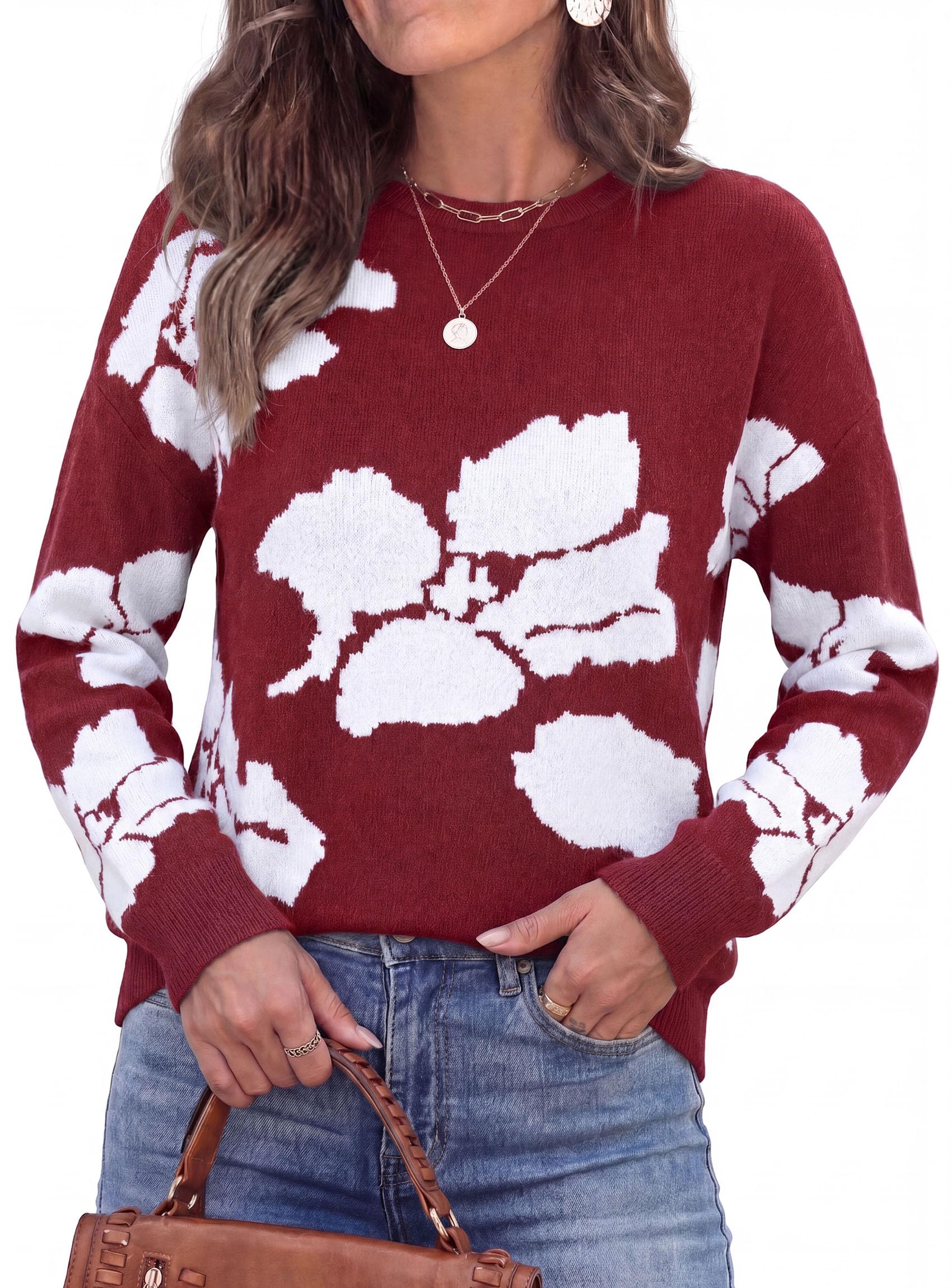 Womens Floral Sweater Crewneck Printed Pullover Tops Wine Red