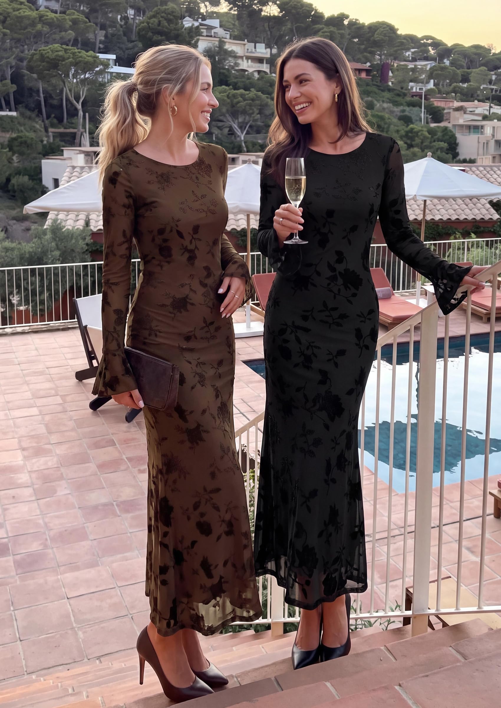 Women's Long Sleeve Maxi Floral Mesh Fall Wedding Guest Dress
