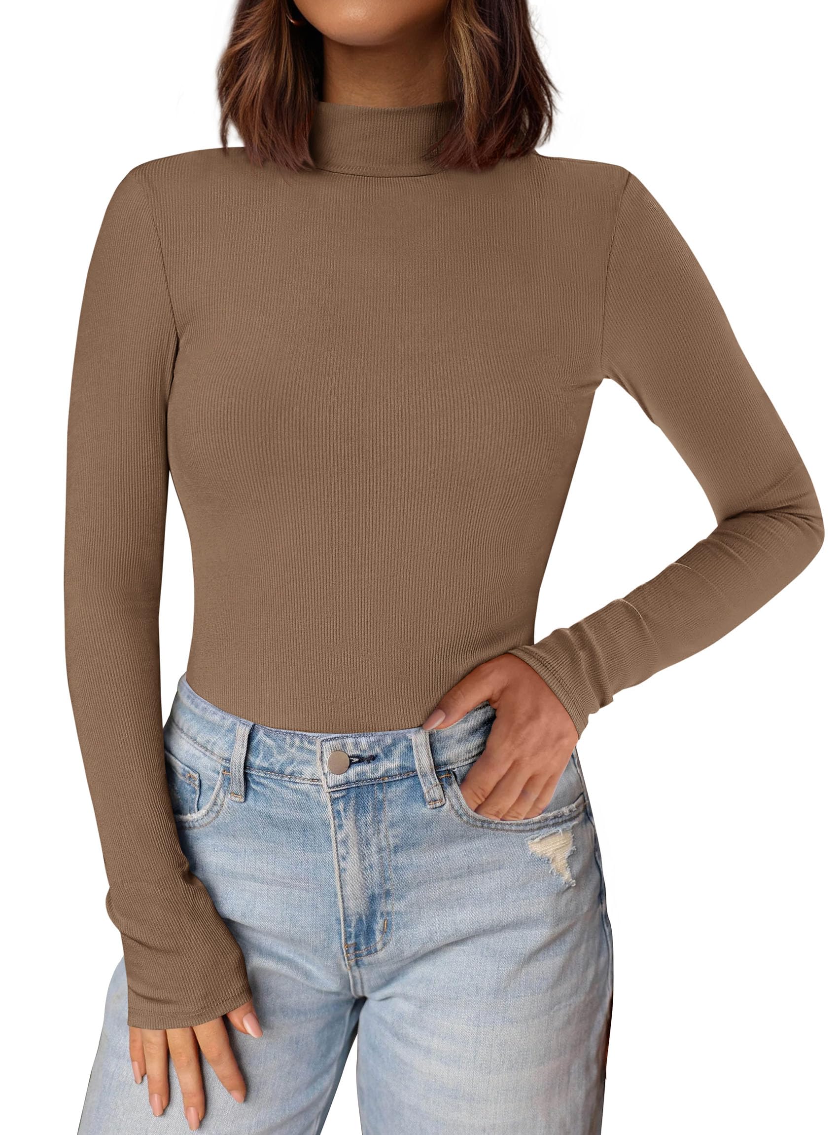 Womens Mock Turtleneck Fall Long Sleeve Shirts,Light Brown,XS