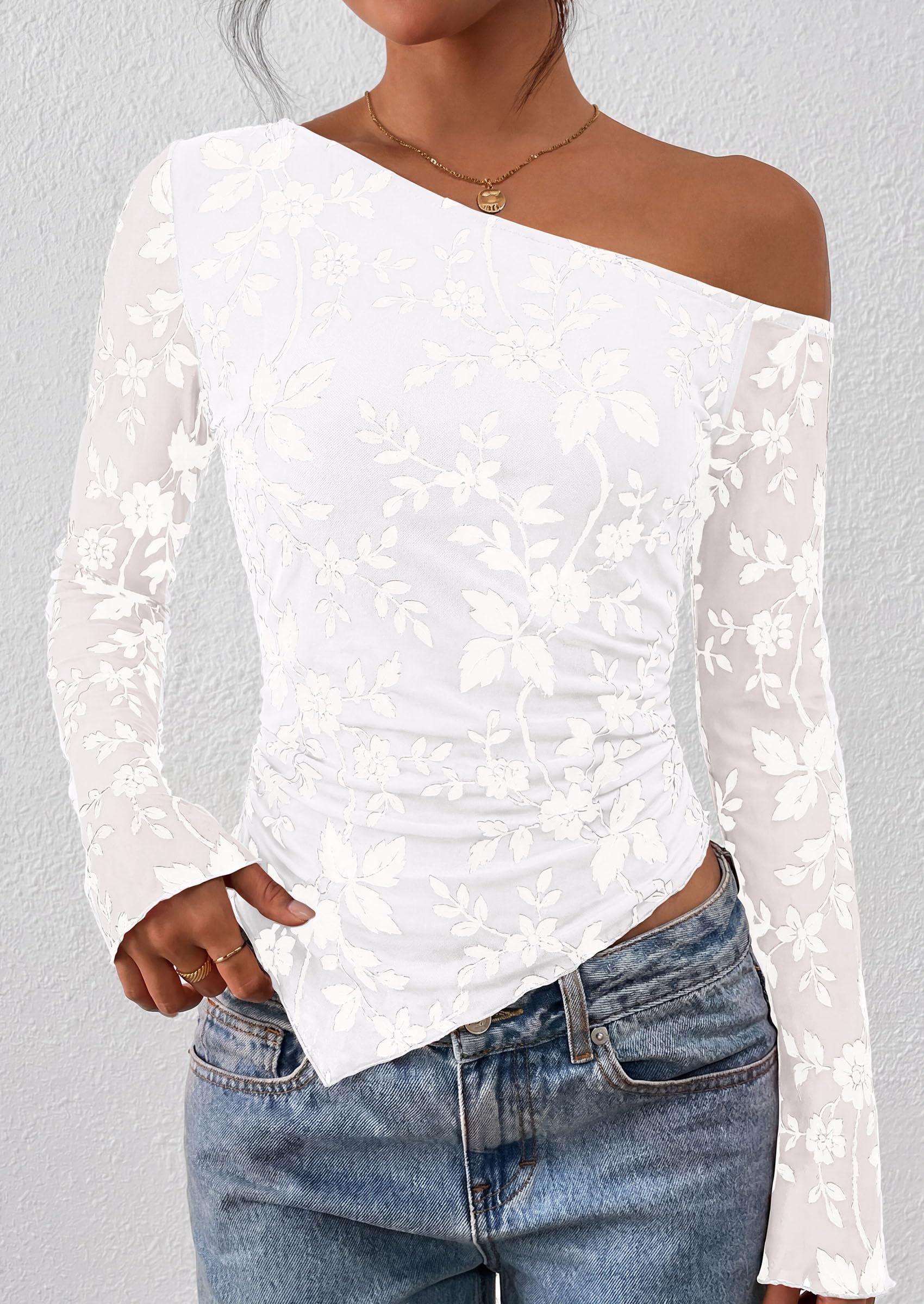 Womens Off Shoulder Mesh Y2k Tops,White,XS