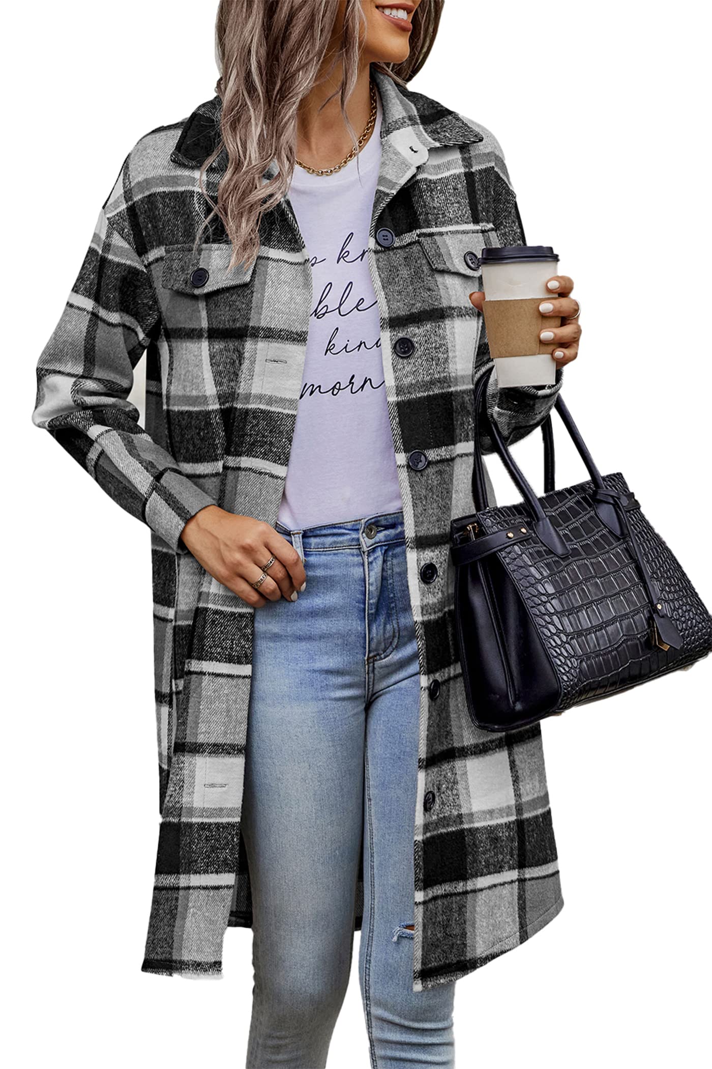 Womens Plaid Shacket Jacket Flannel Shirts,Grey,S