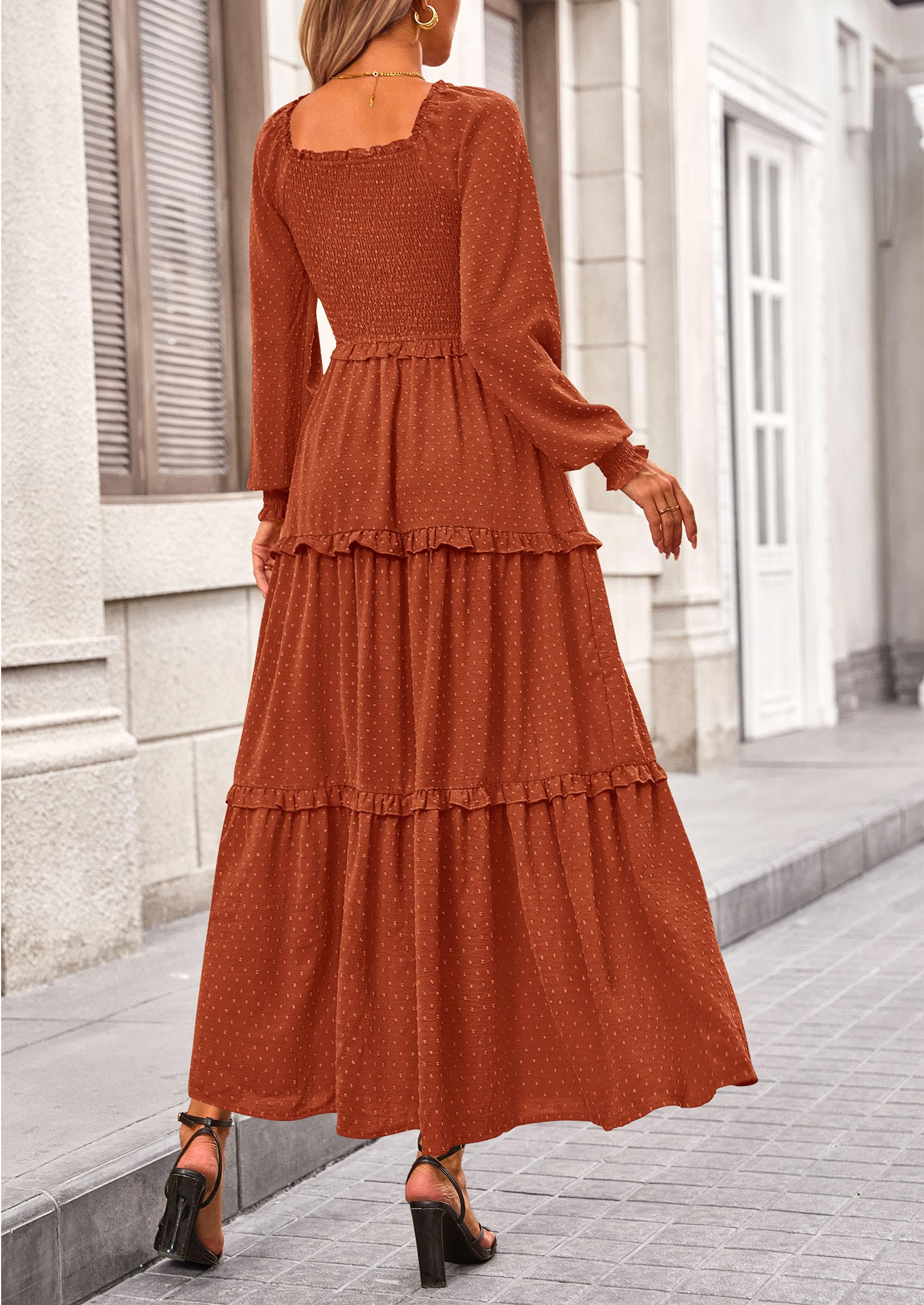 Women's Smocked Long Sleeve Maxi Dress Wedding Guest Dresses
