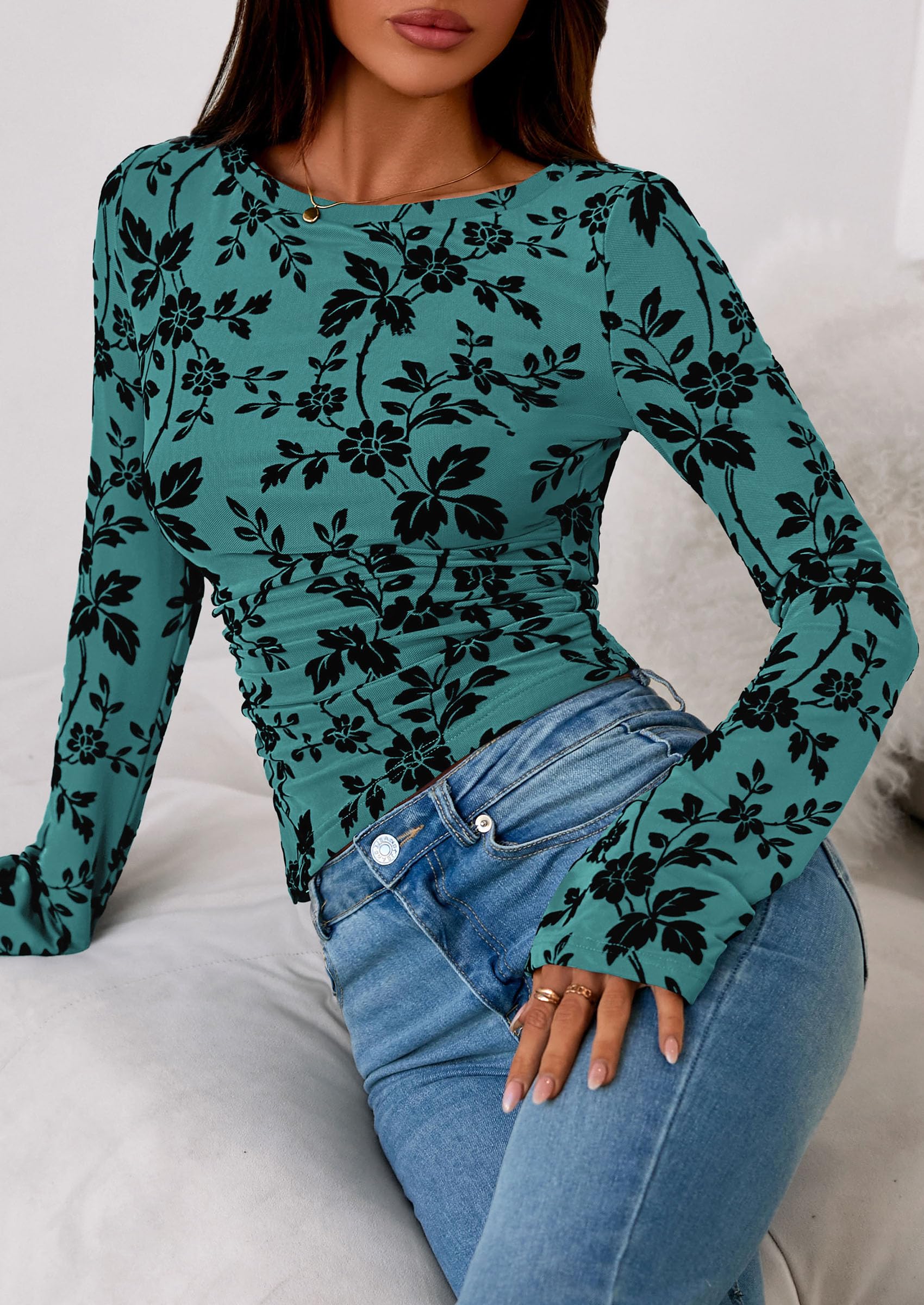 Women's Long Bell Sleeve Y2K Tops Boho Floral Mesh Blouses
