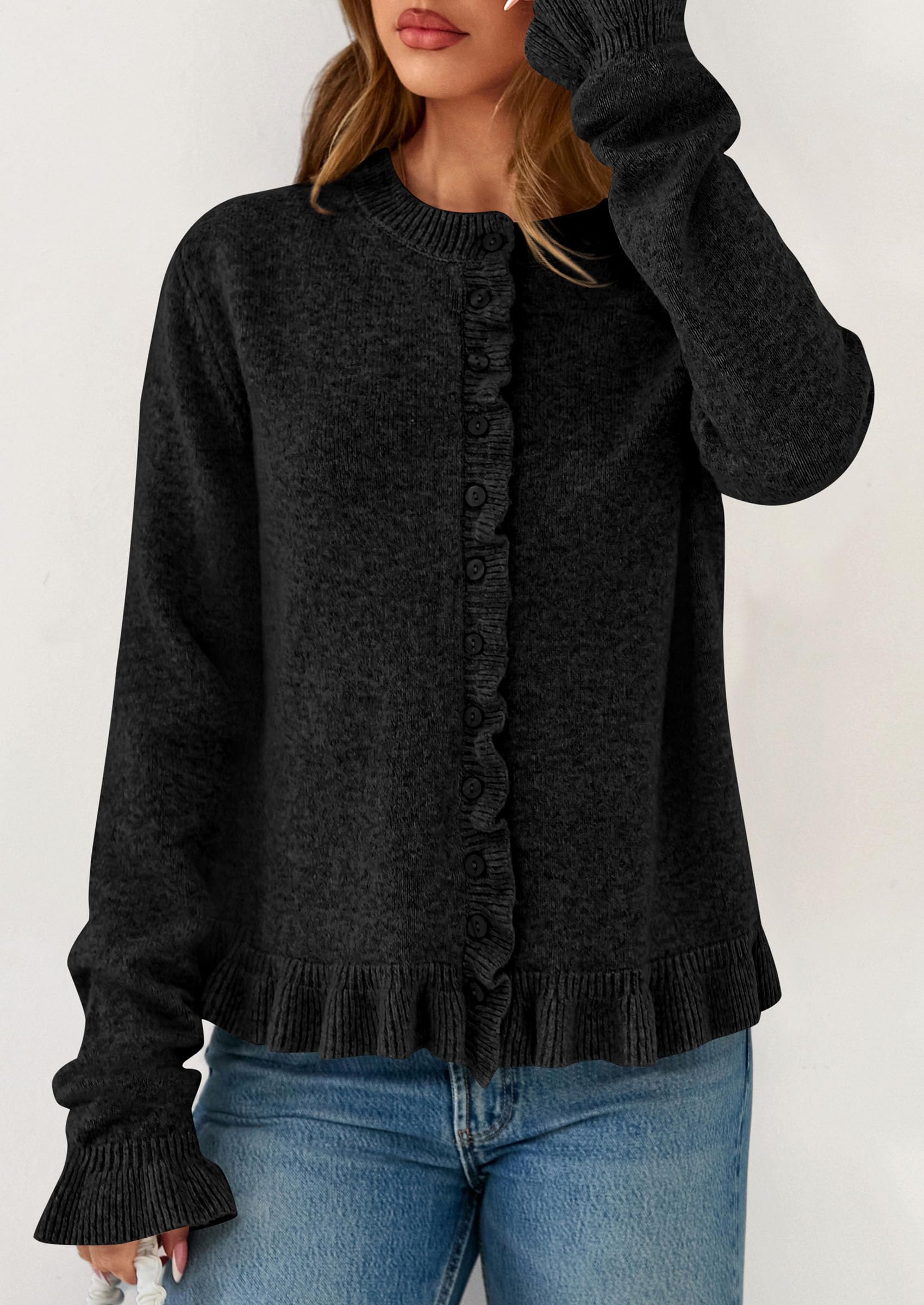 Womens Ruffle Button Down Cardigan Sweaters,Black,S