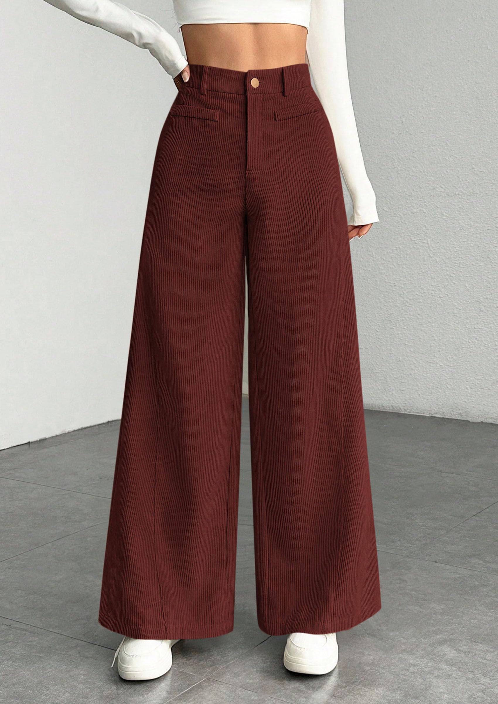 Women's High Waisted Corduroy Pants Casual,Rust Red,S
