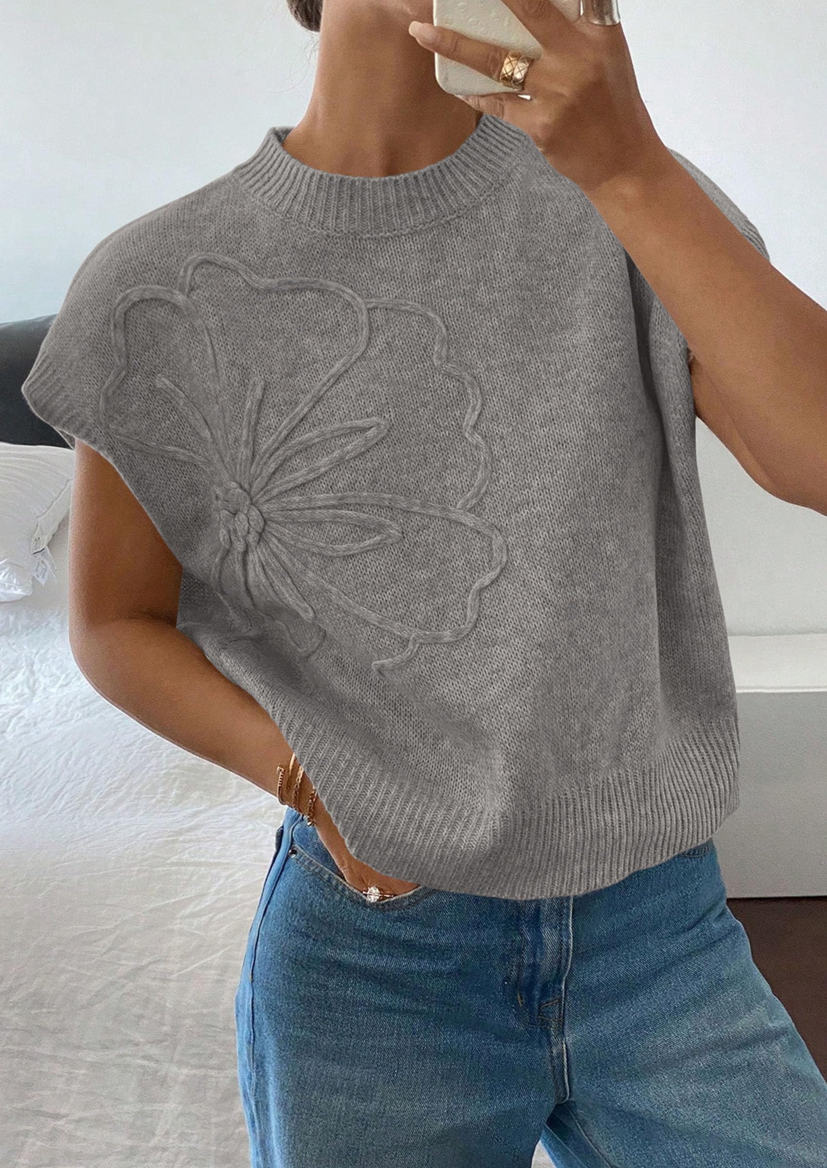 Women's Summer Short Cap Sleeve Sweater Vest (Grey,S)