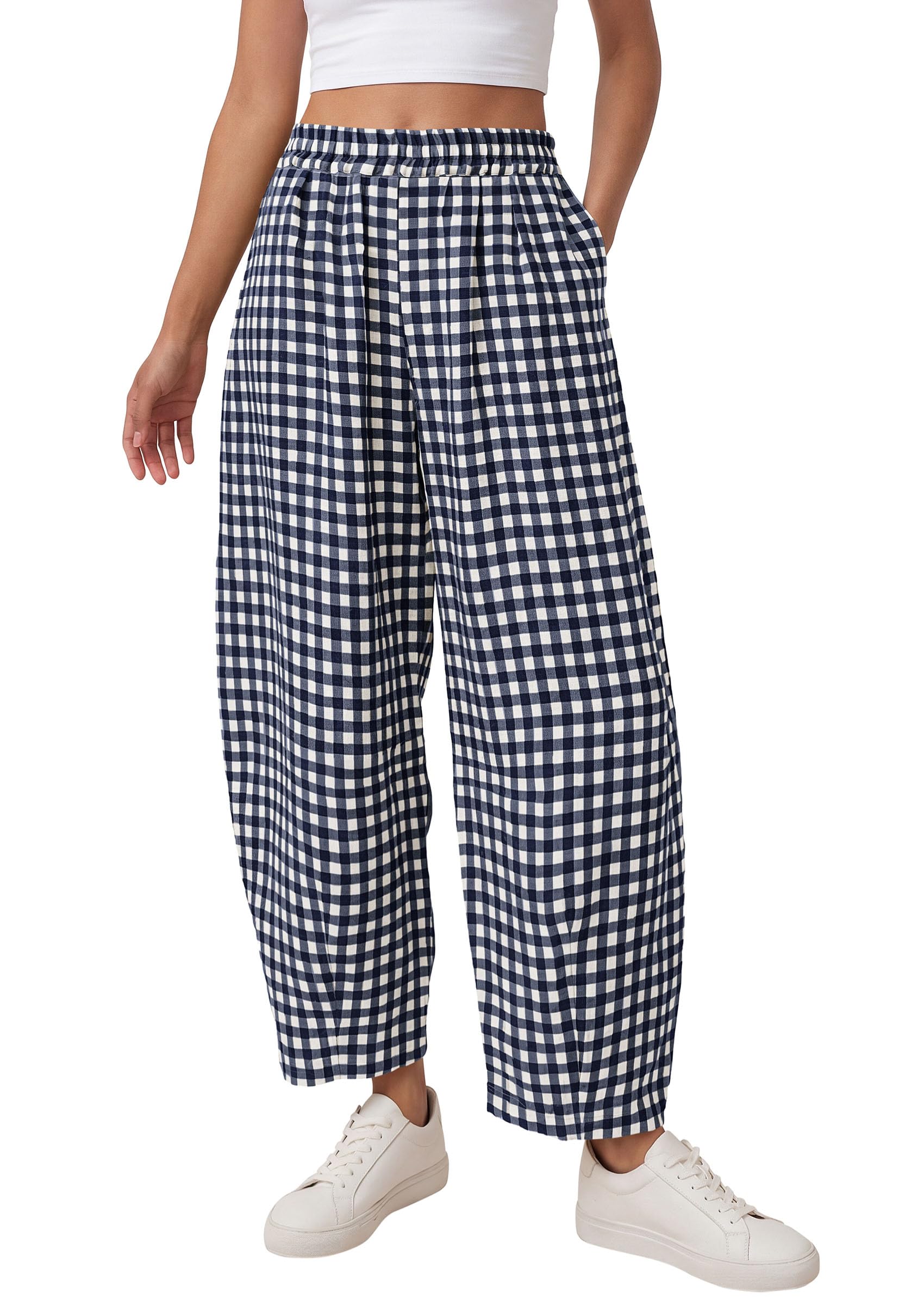 Plaid Barrel Pants Women Summer Bottoms, Navy Blue Plaid,S