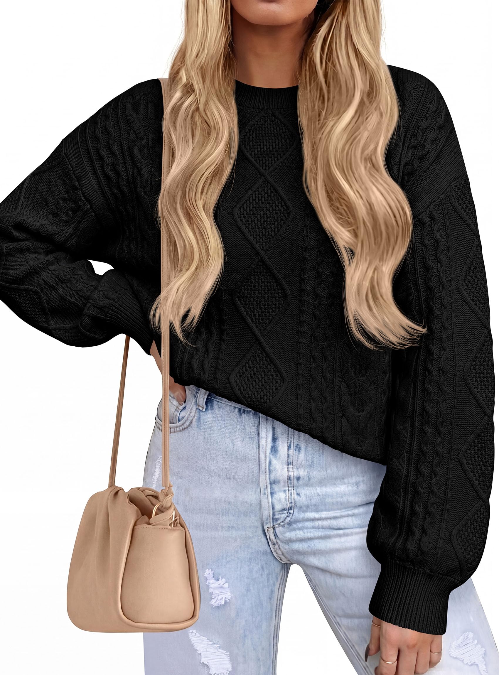 Women's Crewneck Cable Knit Sweater Pullover Tops Black