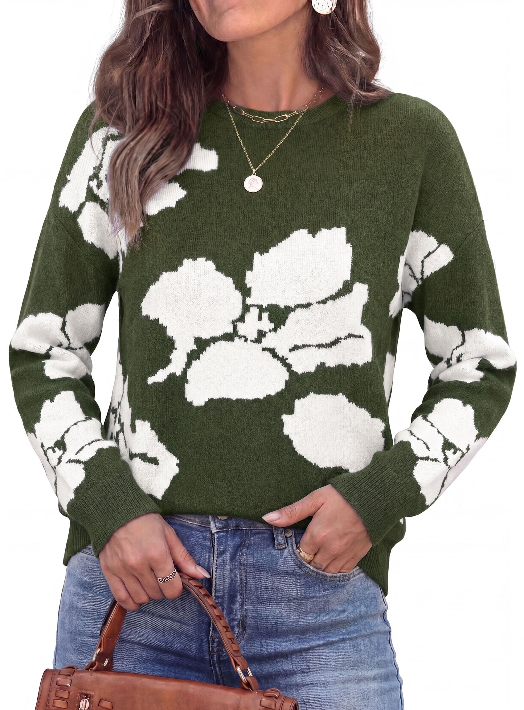 Womens Floral Sweater Crewneck Printed Pullover Tops
