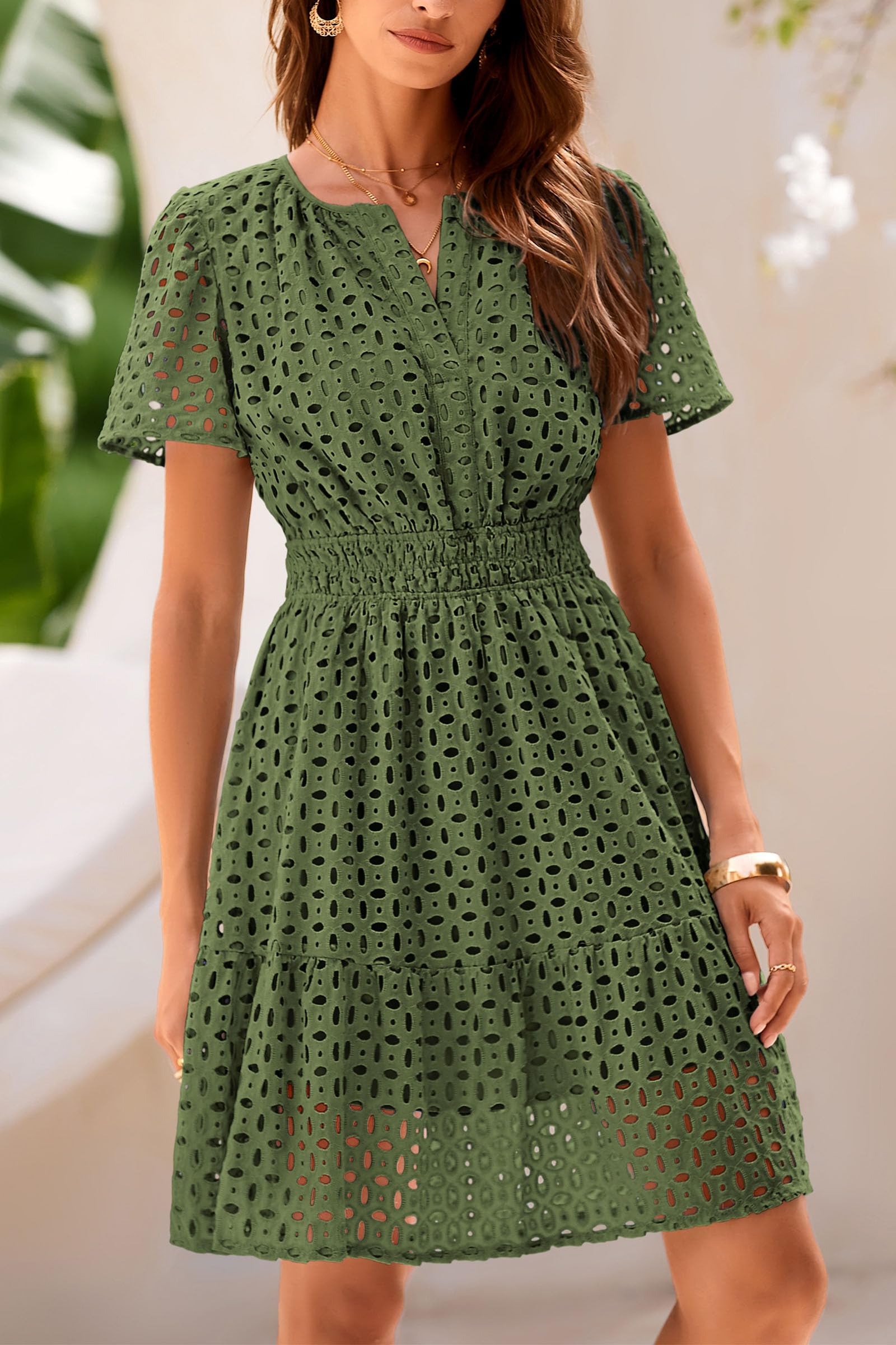 Women's Summer Eyelet Lace Short Dresses (Army Green,S)