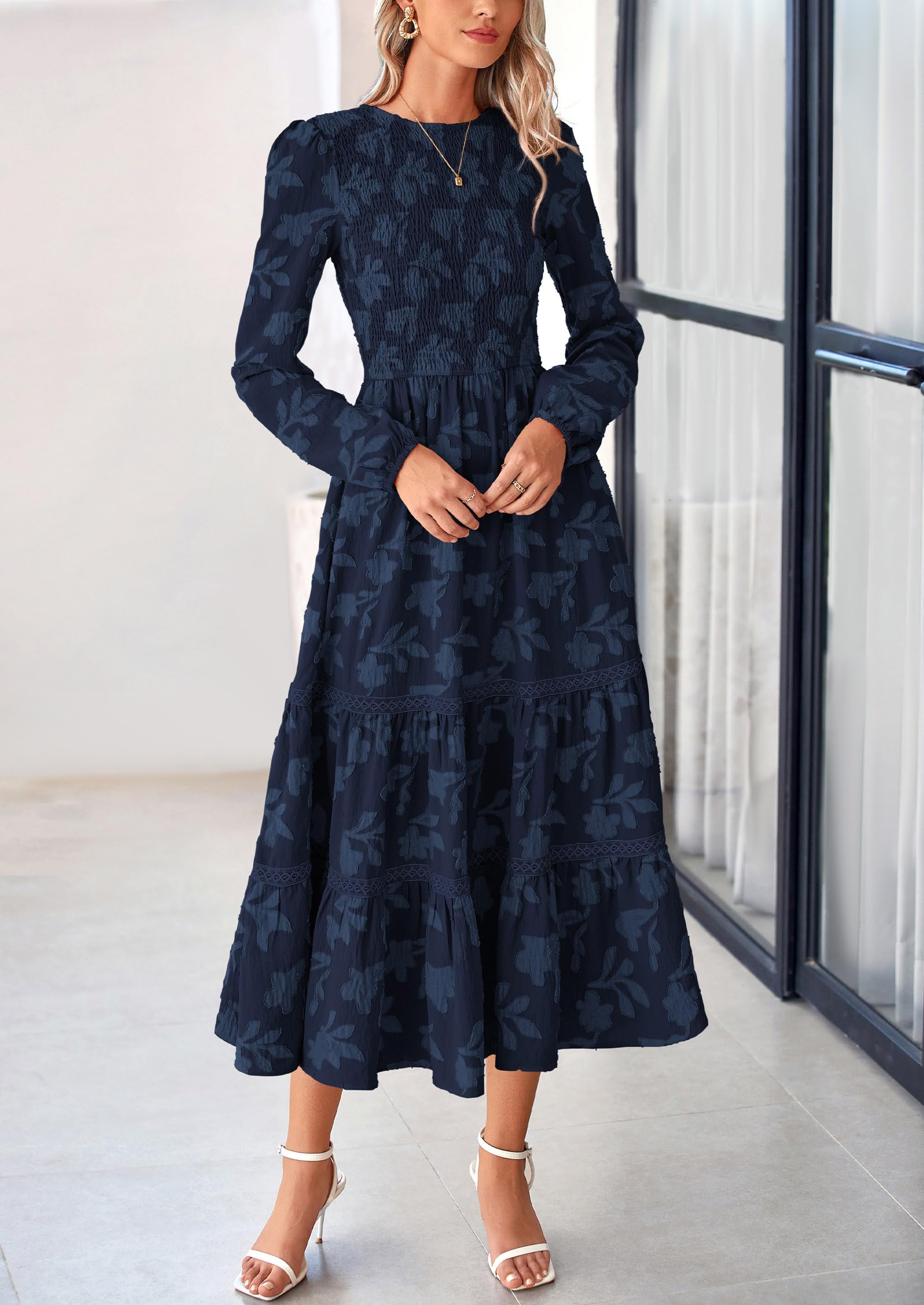 Women's Long Sleeve Boho Floral Midi Dress, Navy,S