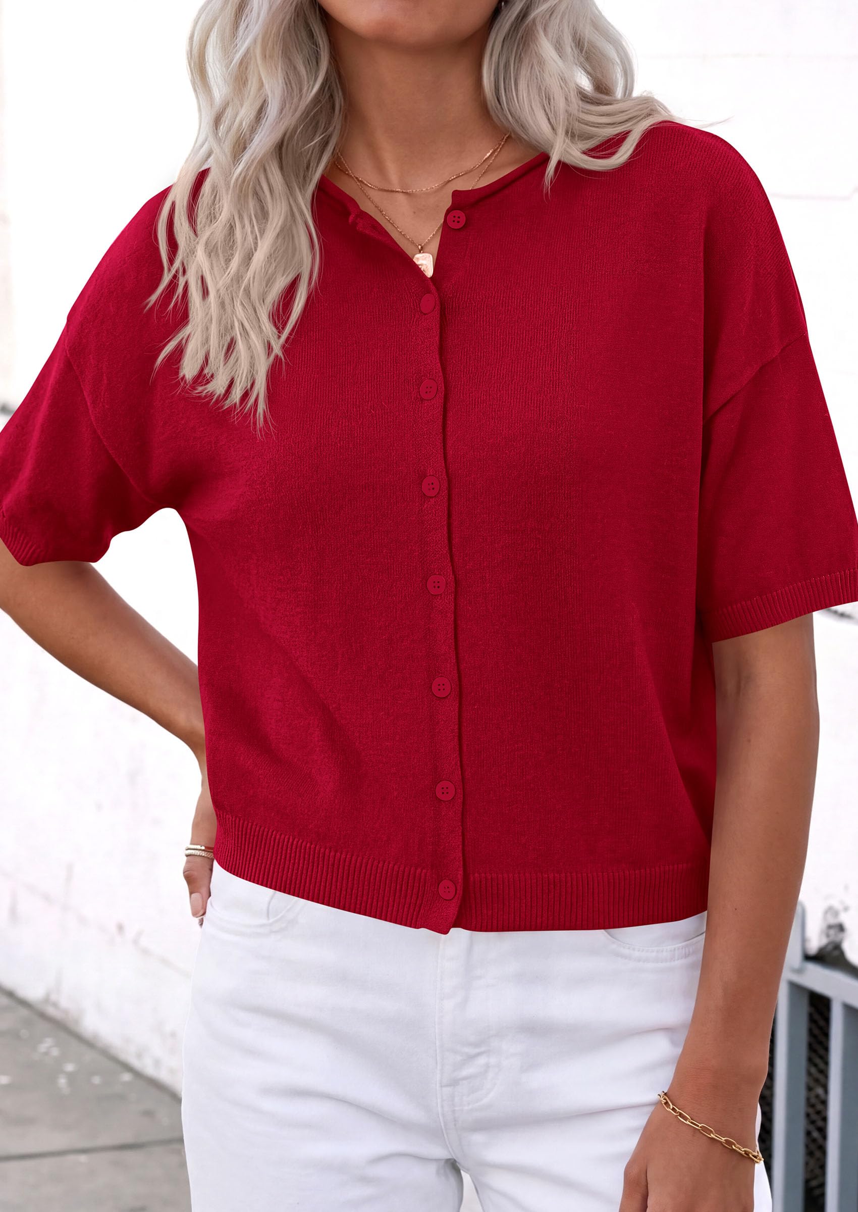 Women's Short Sleeve Cardigan Sweaters (Red,Large)
