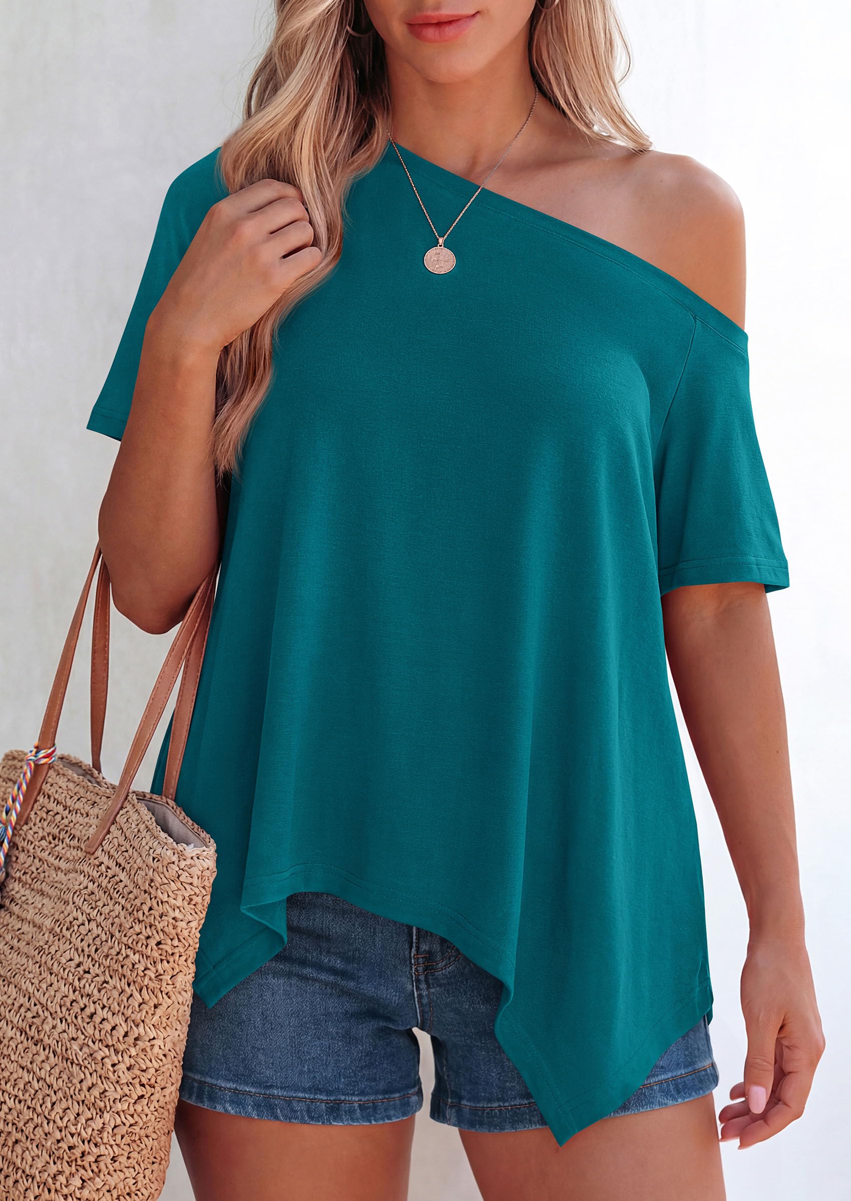 Off Shoulder Tops for Women Oversized Tshirts, Lake Blue,S